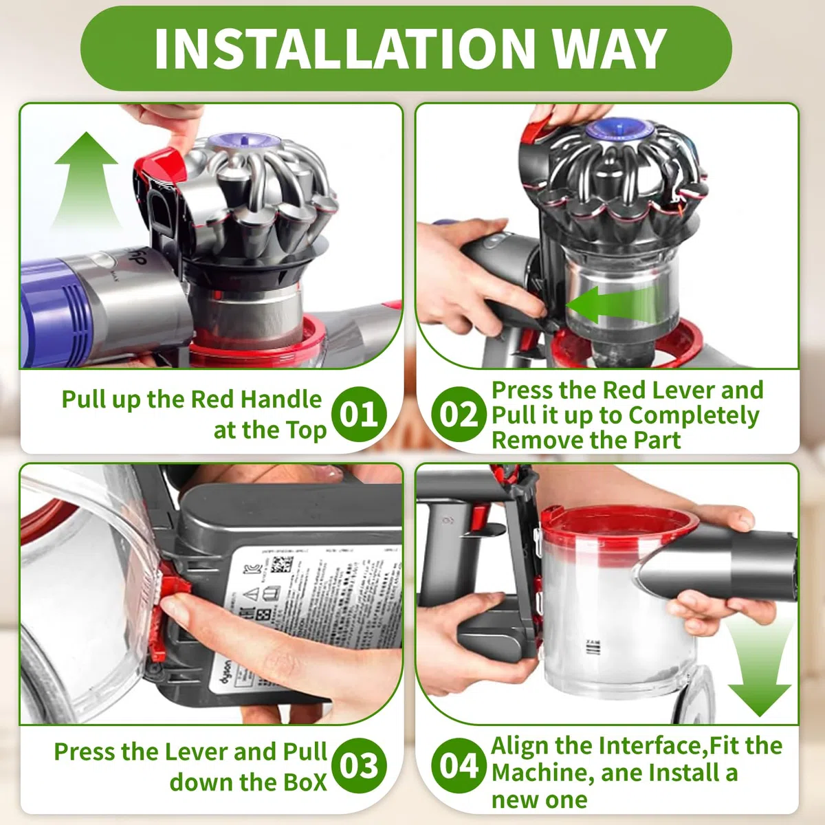 Contenitore Inferiore per Dyson V7 V8 SV10 SV11, Contenitore per la Polvere Trasparente e di Alta Qualità, Include 2 Pre Filtri, 2 Post Filtri e 1 Spazzola di Pulizia