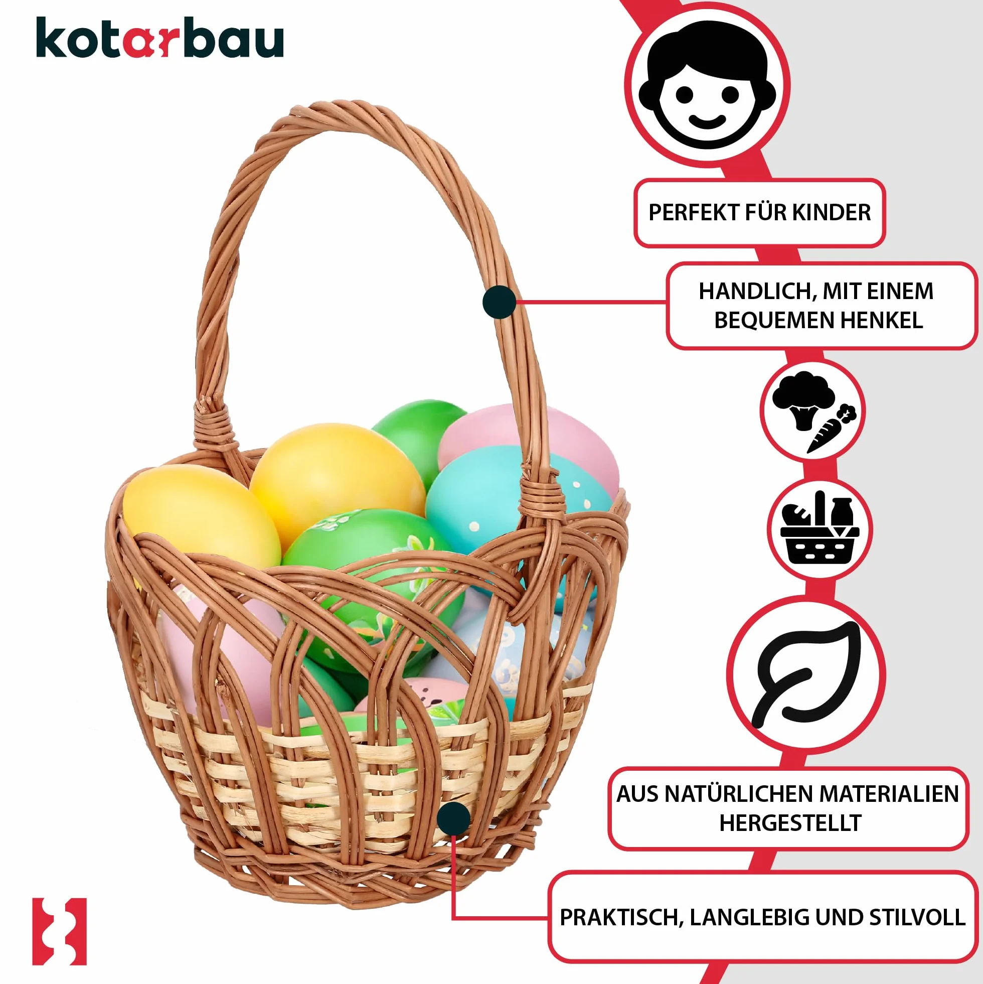 KOTARBAU Cestino per la spesa in vimini rotondo marrone naturale 250 x 170 mm con manico intrecciato in vimini per lo shopping e per picnic | Cesto decorativo per bambini