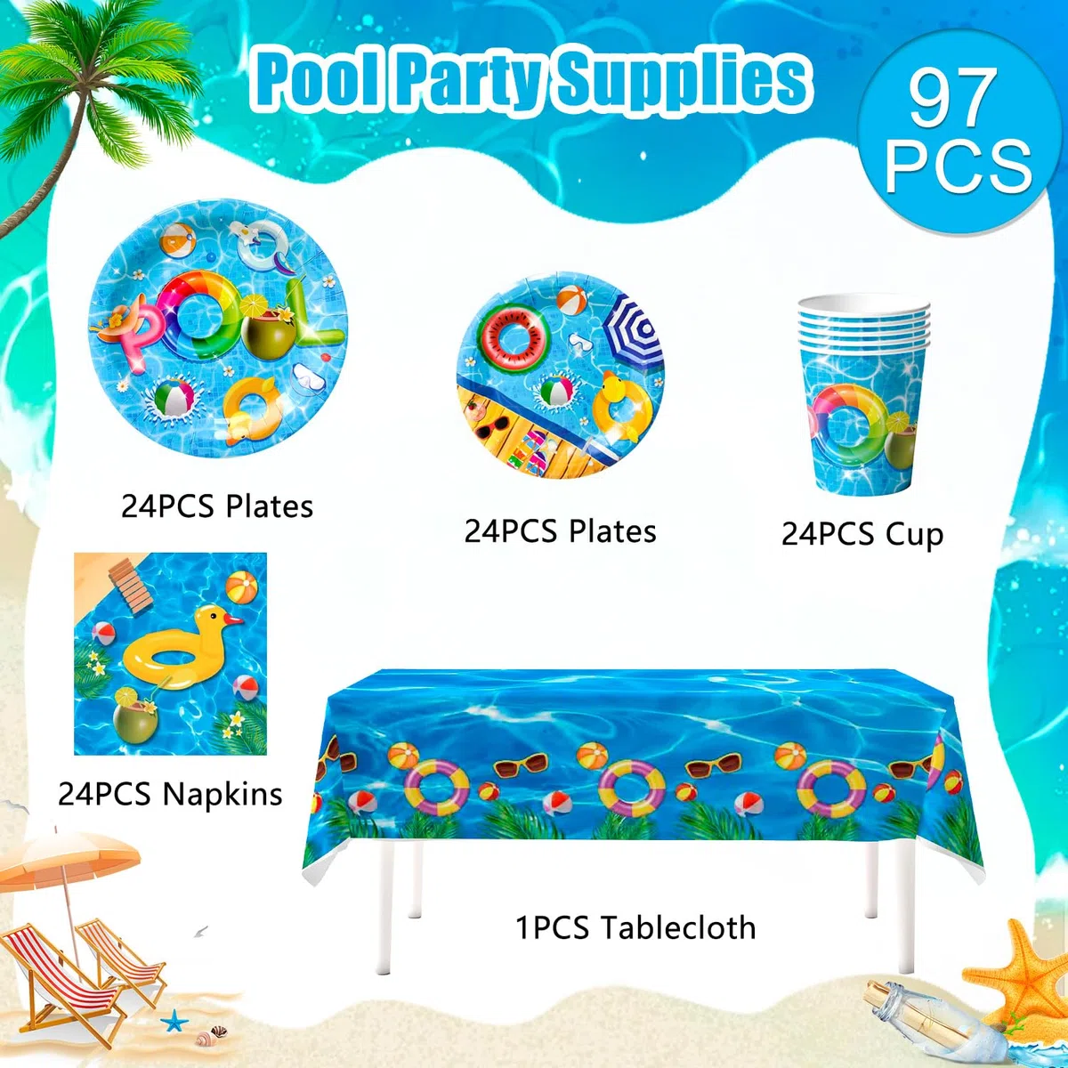 Set di stoviglie per feste in piscina, 97pcs decorazioni per feste in piscina tovaglia, piatti di carta, tovaglioli e bicchieri, per decorazioni da tavola per feste per 24 ospiti