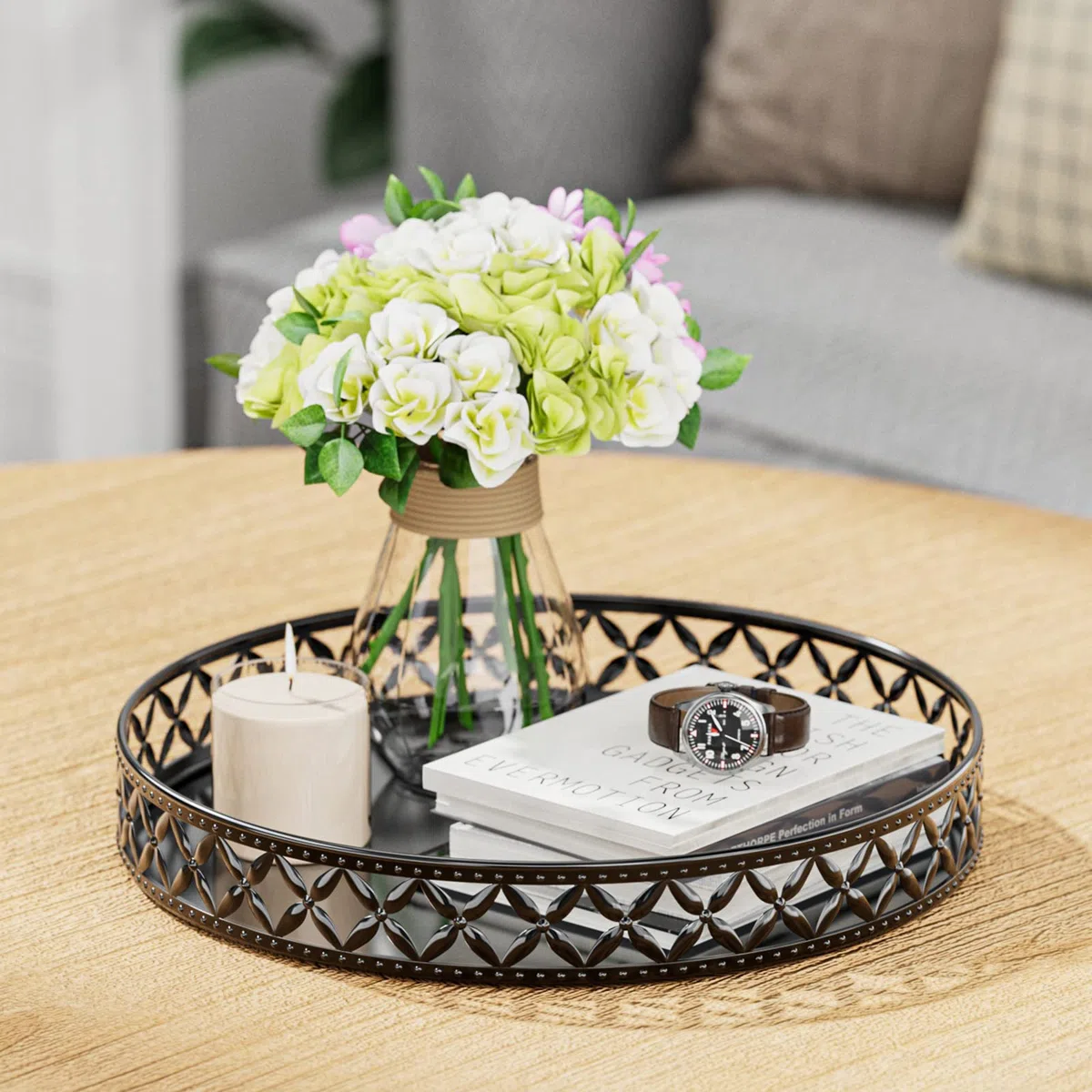 EKNITEY Bandeja para balcão de banheiro – Bandeja decorativa preta de 28 cm, bandeja organizadora para perfumes, cosméticos, joias, maquiagem
