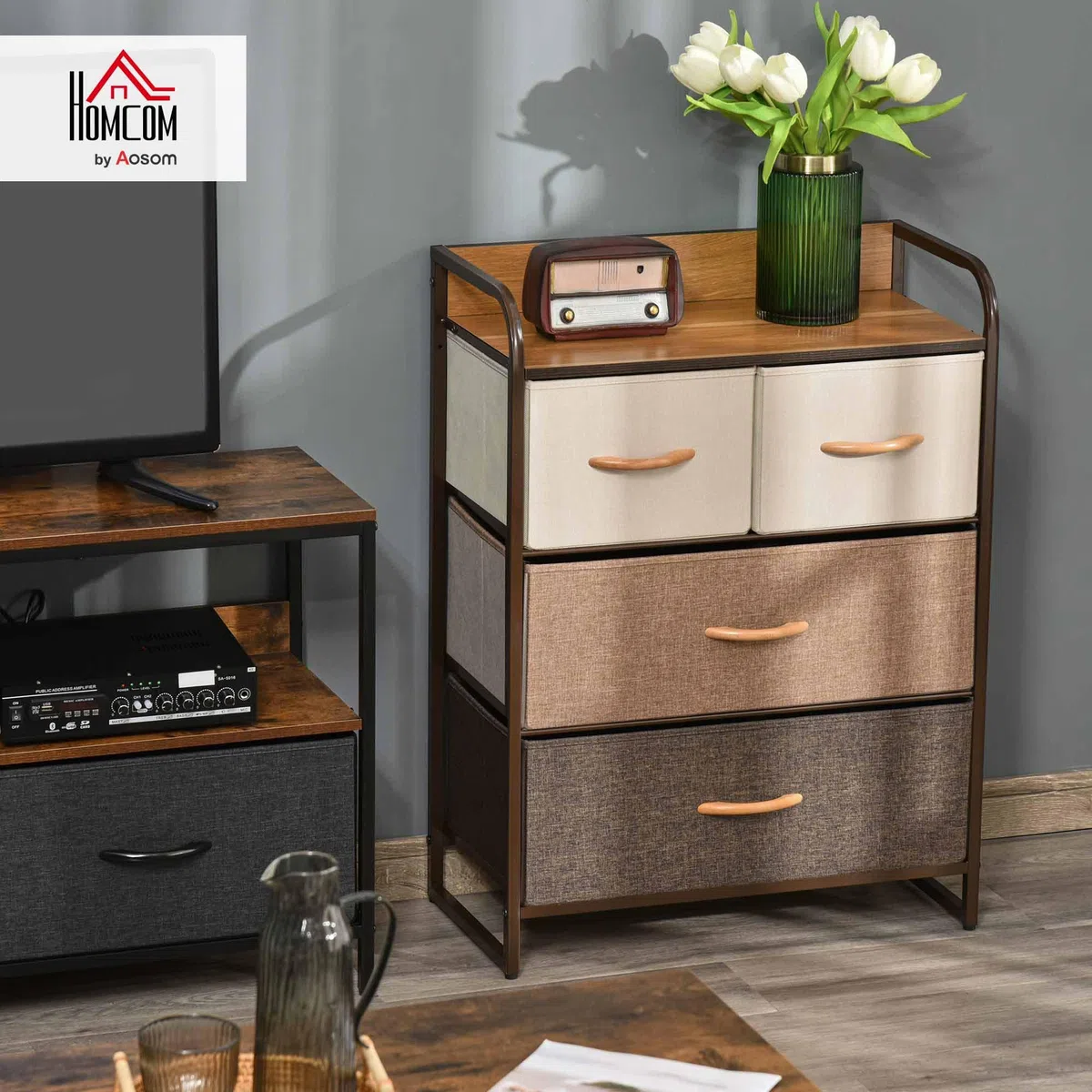 HOMCOM Mobile Cassettiera da Camera da Letto e Soggiorno, Cassettiera con 4 Cassetti Pieghevoli in Tessuto e Ripiano in MDF, 58x29x78.5cm, Multicolore