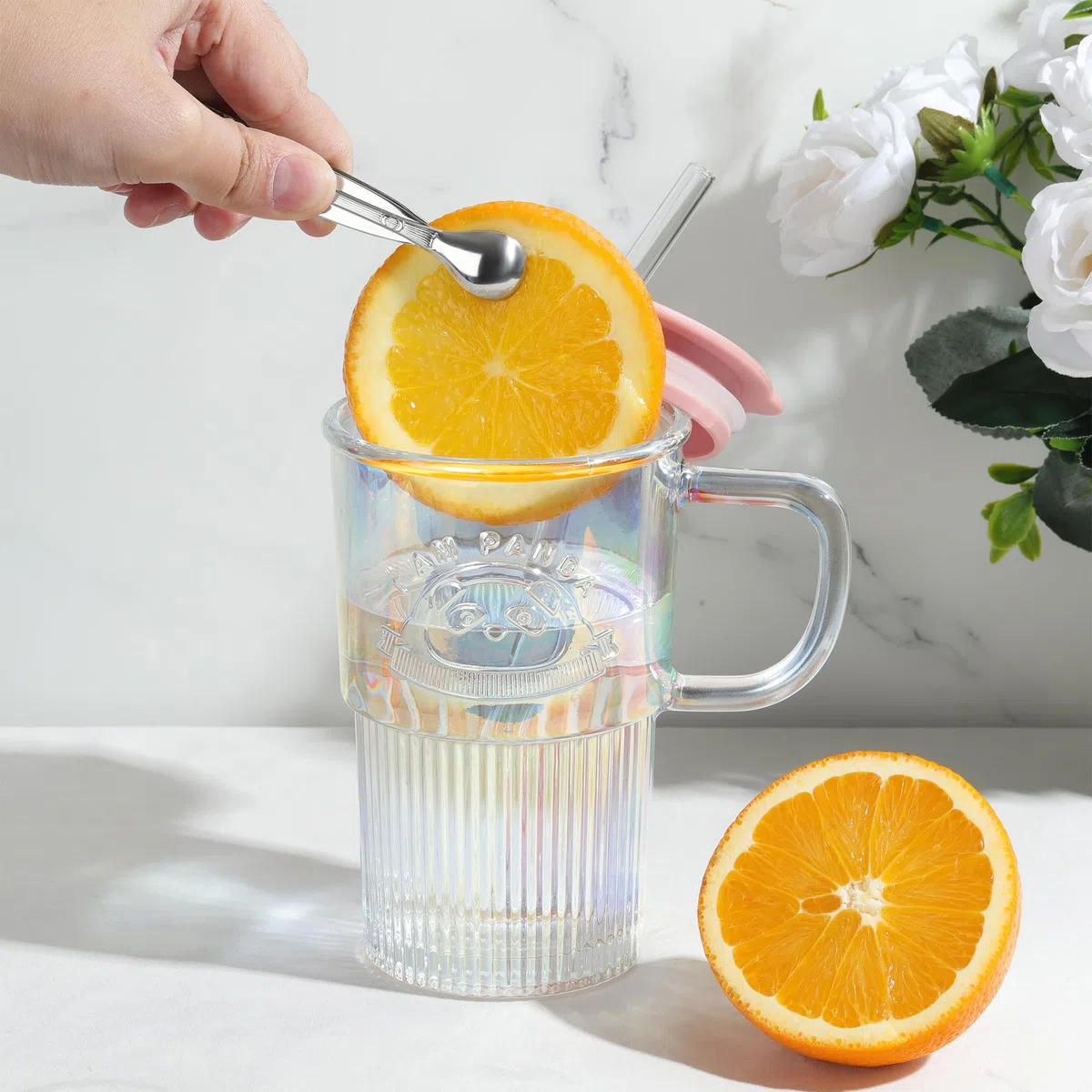 Joeyan 430 ml Iridescente Bicchieri con Cannuccia e Coperchi in Vetro,Tazza da Caffè Ghiacciata con Manico,Bubble Tea Tazza con Motivo,per Frappè Acqua Succhi,Set di 2