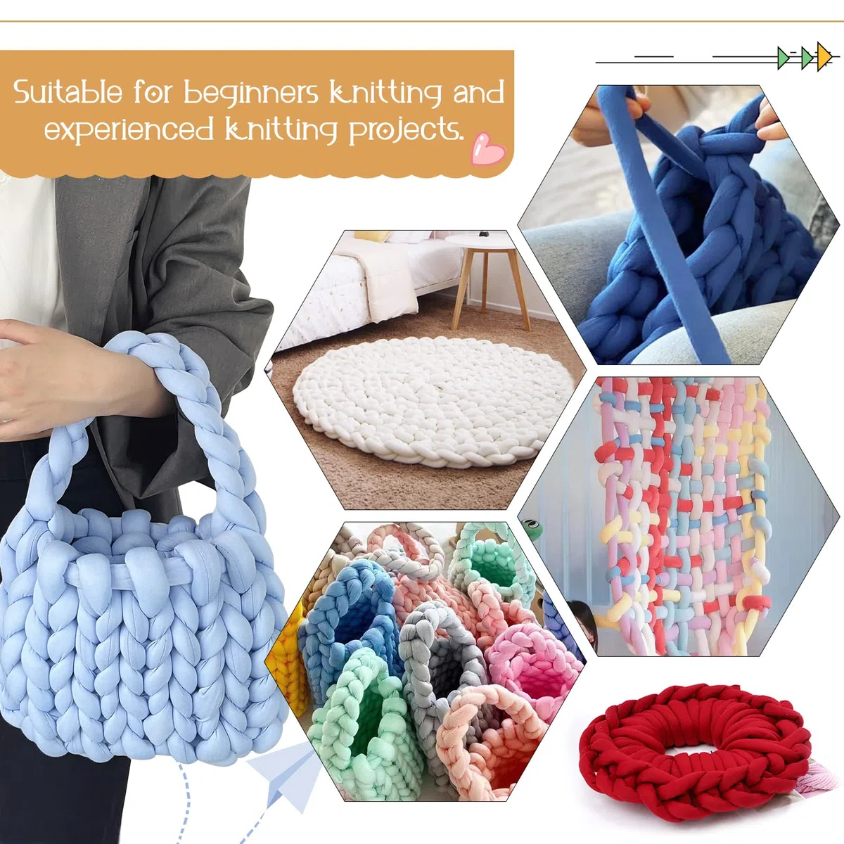 Fettuccia per Borse a Uncinetto, Filato Gigante 500g Filato di Lana Morbida Chunky Yarn Tubolare, Gomitoli Lana Grossa per Coperte a Mano, Animali Domestici, Letto (Giallo Caffè)