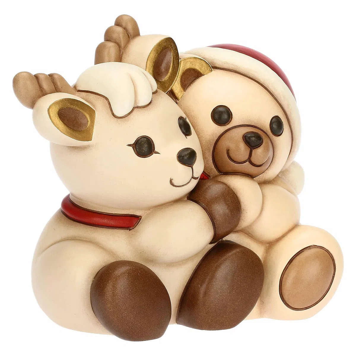 THUN, Coppia Teddy e Renna Robin Abbracciati in Ceramica Decorata a Mano, Addobbo Natalizio, Idea Regalo, 15x11.3x14 cm h