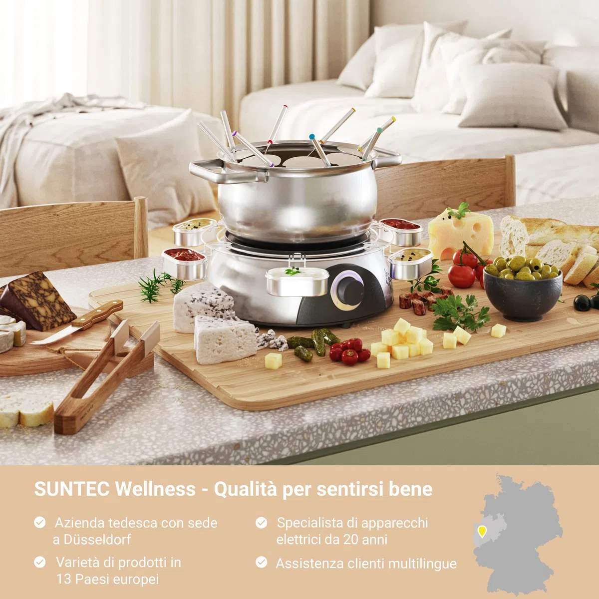 SUNTEC Fondue elettrica Fino a 8 Persone – Forchette + paraspruzzi + Supporto per Salse – Alternativa alla raclette – Pentola per Formaggio + Cioccolata + Grasso – Set in Acciaio Inox FON-8014 V2A