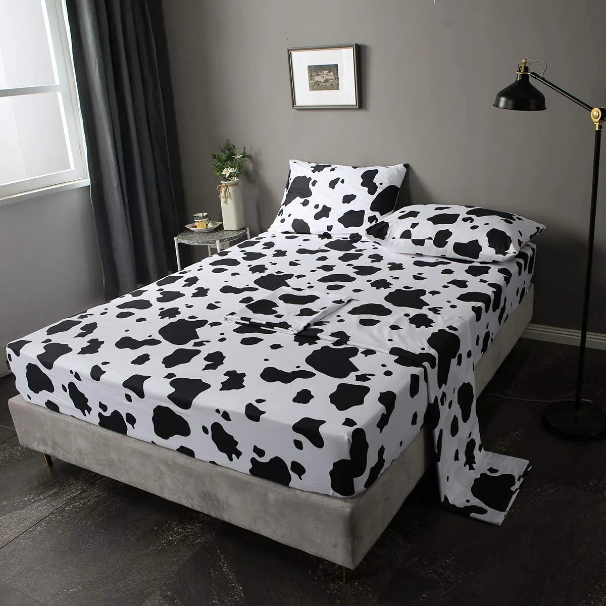 Set di lenzuola per letto singolo, 3 pezzi, nero, bianco, latte, mucca, animali + lenzuolo con angoli con tasca profonda + lenzuolo con angoli + 1 federa per cuscino a quadri per bambini e ragazze