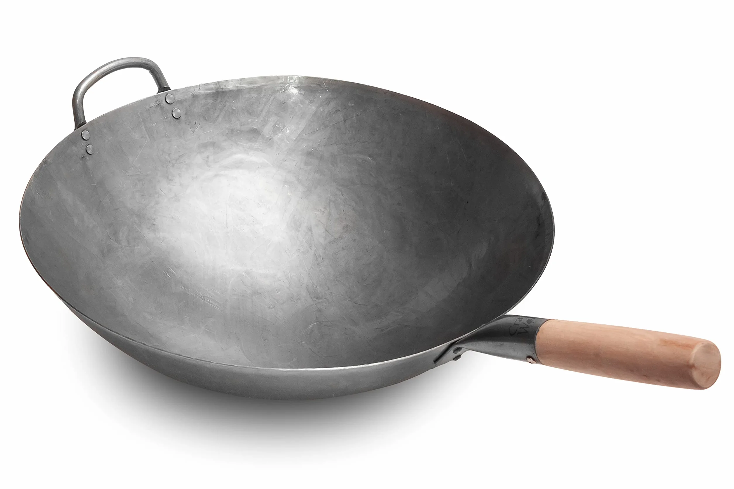 Craft Wok Grande Pow Wok da 40 cm Pesante e Martellato a Mano in Acciaio al Carbonio con Maniglia Secondaria in Acciaio e Legno (Fondo Arrotondato)/731W138