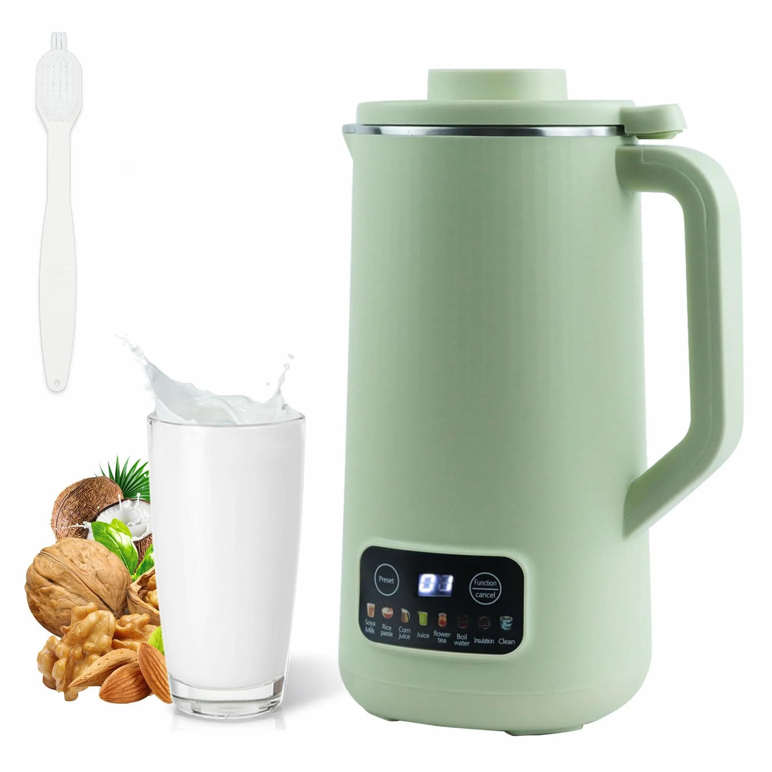 Macchina per Latte di Soia, 600ml Latte Vegetale Macchina con Pulizia Automatica, Multifunzionale Digital Nut Oat Milk Soup Maker, 304 Acciaio Inossidabile, per Zuppe, Latte di Soia (Verde)