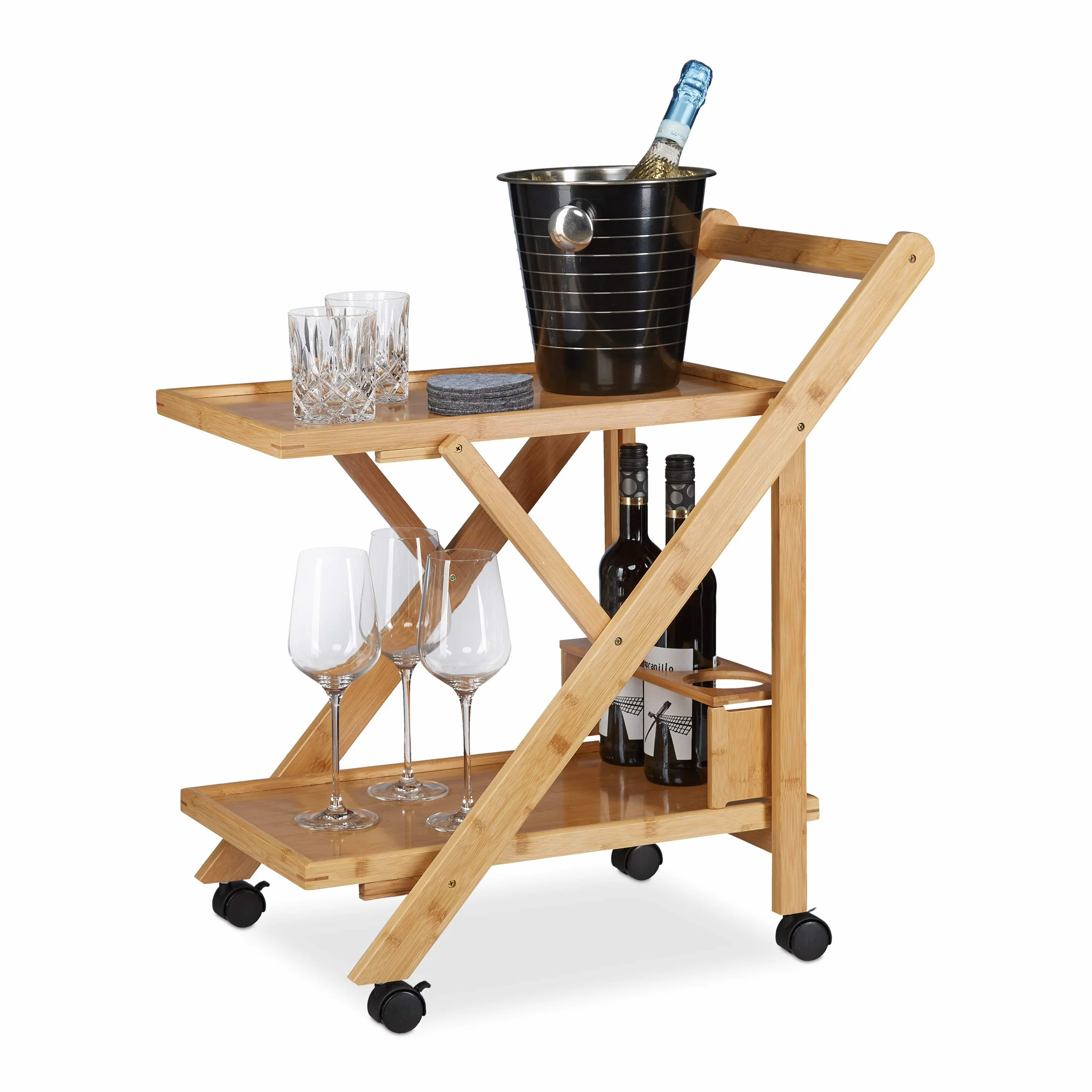 Relaxdays, Bambù, Carrello Portavivande da Portata, con Portabottiglie, Marrone, 70 x 40.5 x 65 cm, portata max di 8 kg
