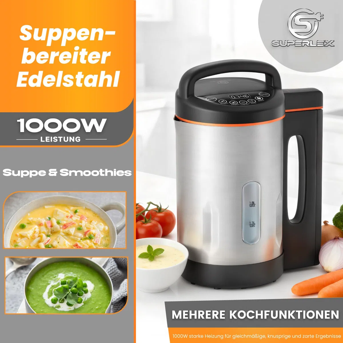 Zuppa elettrica multifunzione da 1,8 l, in acciaio inox, 1000 W, con funzione mixer, 4 programmi, timer, funzione di mantenimento del calore, autopulente per zuppe frullati