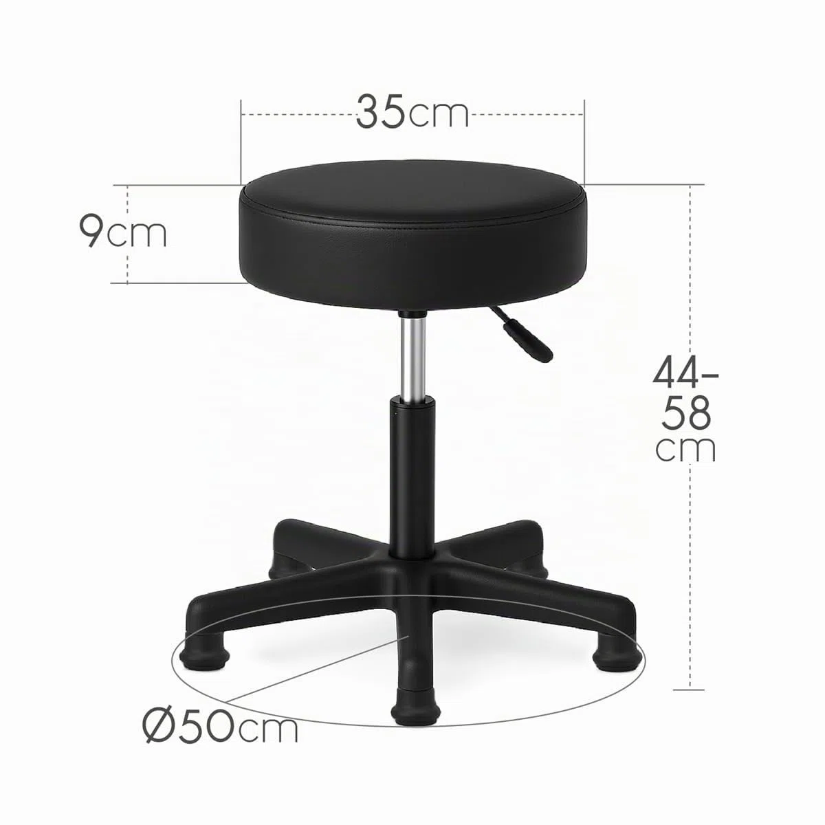 Sgabello girevole senza ruote - Altezza regolabile 44-58 cm - Piedi Fisse - Seduta comoda similpelle nera - Stabile per casa e postazione di lavoro