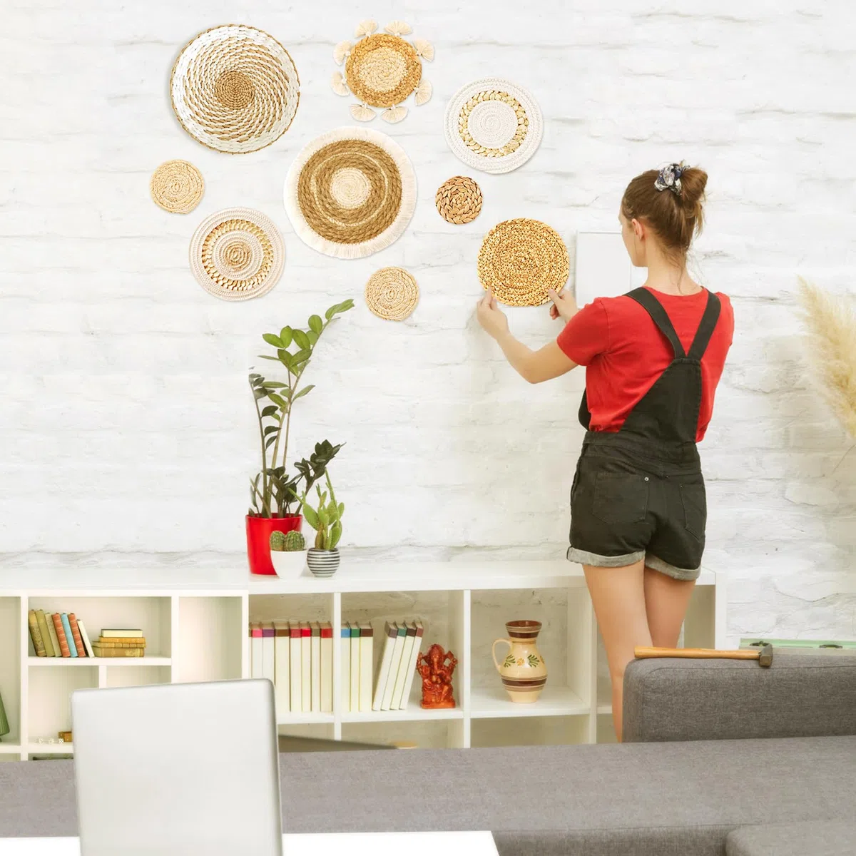 Set di 9 cestini da parete in stile bohémien, da appendere, in rattan, vimini, decorazione da parete, ecologica, rotonda, per casa, camera da letto, soggiorno, tavolo, cucina, casa