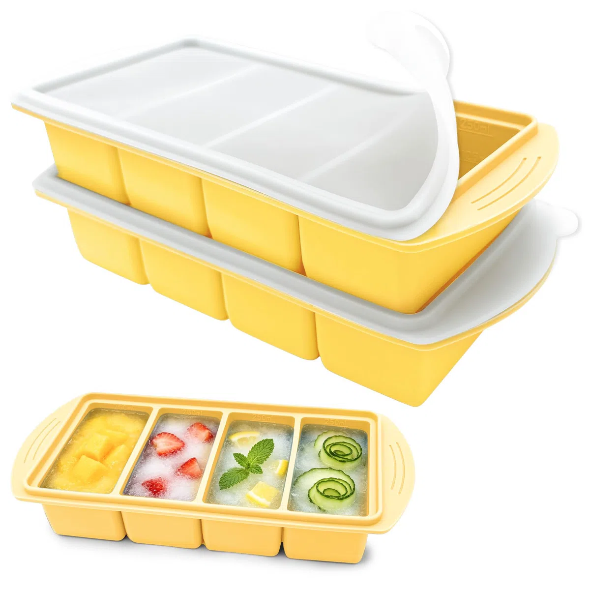 VEEKAY 2 Pezzi Stampo per Congelatore in Silicone con Coperchio, 4 Scomparti da 250 ml, Contenitore Impilabile senza BPA per Zuppa, Brodo, Salsa, Meal Prep