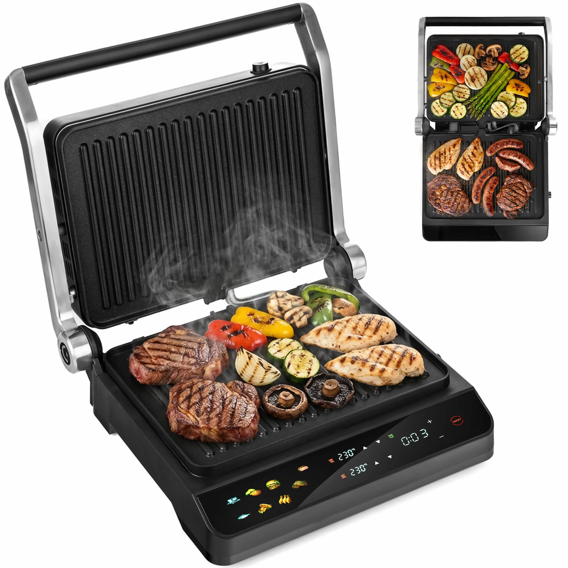LEHMANN Bistecchiera Elettrica, 2000 W, Apertura 180°, Piastre Antiaderenti Rimovibili, 10 Programmi, Regolazione Temperatura 90-230°C, Timer 1-240 min, Griglia per Cucinare Carne, Pesce e Verdure
