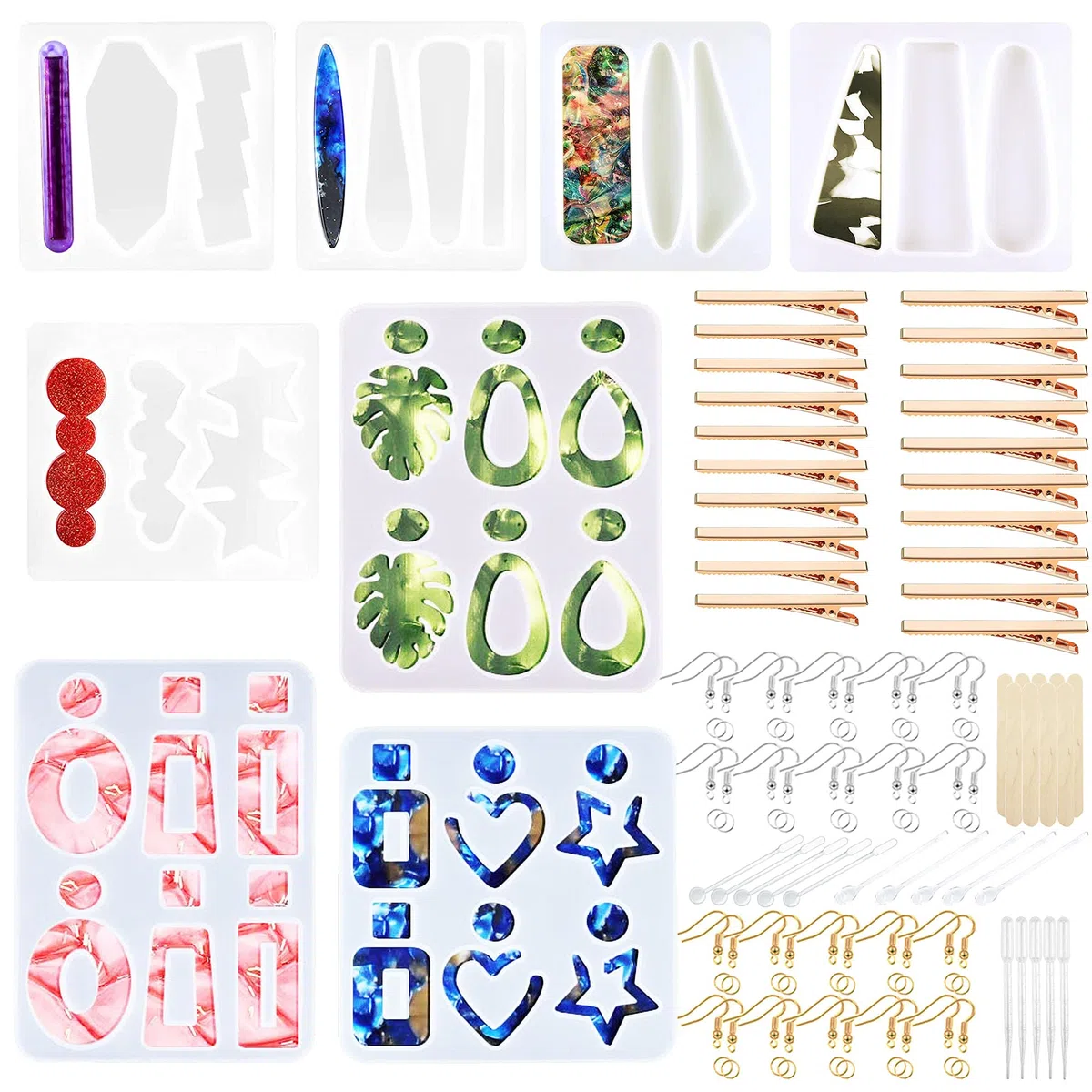 Woohome 54 Pz Stampo in Resina Siliconica Orecchino, Forcina Stampi in Silicone per Resina, Fermagli, Gancio per L'orecchio per DIY Forcina Gioielli Hair Clip Orecchino Resin Mold