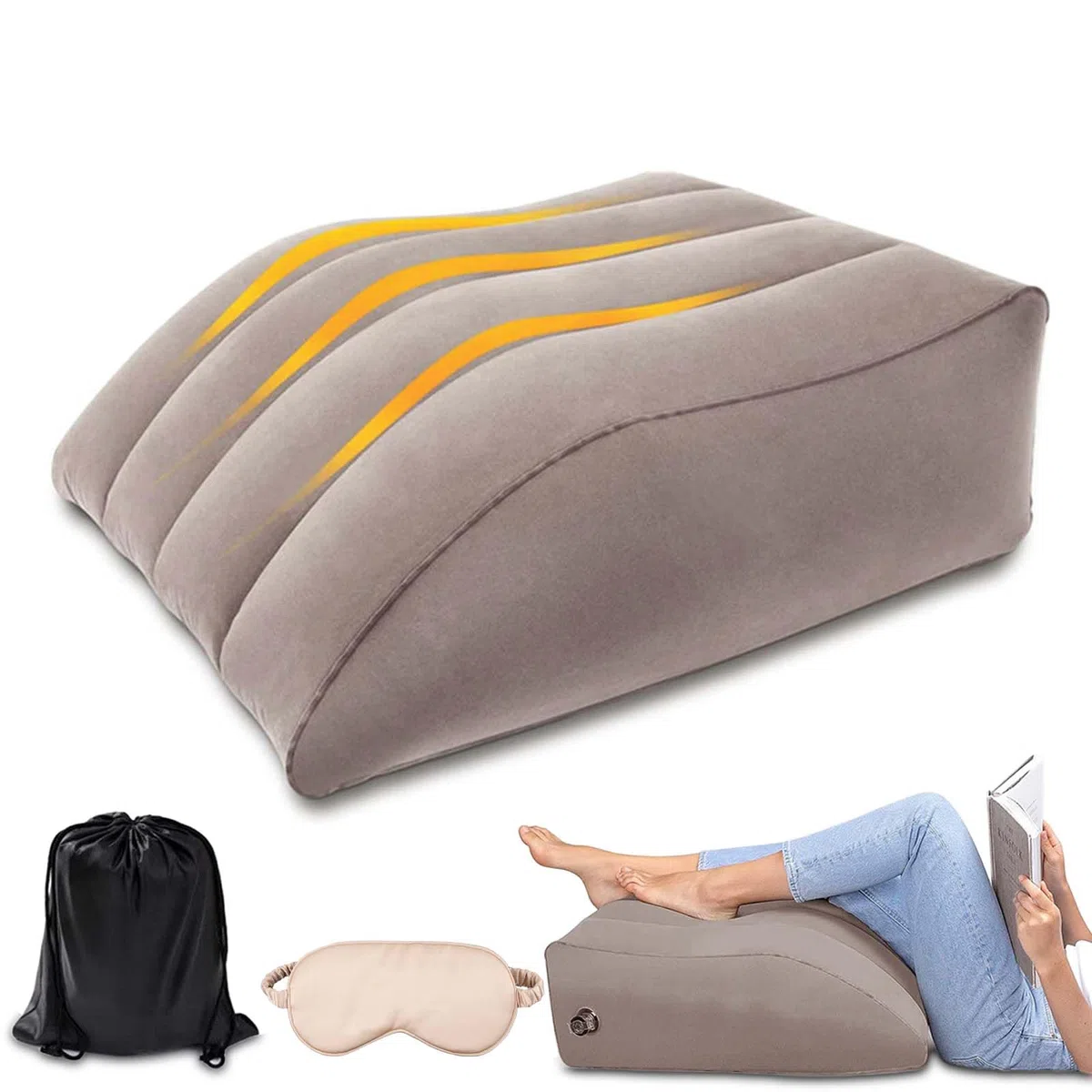 Cuscino per gambe sollevate gonfiabile, Cuscino per gambe con mascherina per dormire e borsa, ergonomico per alleviare le gambe, migliorare la circolazione, sonno, gravidanza e recupero