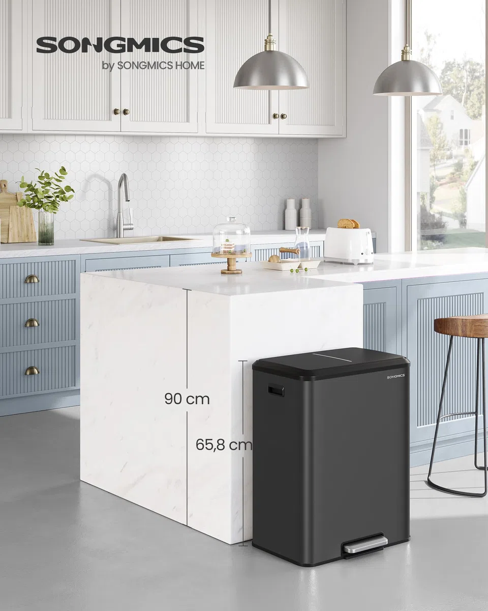 SONGMICS Cestino da Cucina, 2 x 30 L, Pattumiera Doppia per Raccolta Differenziata, Secchi Interni, Acciaio, Coperchio a Chiusura Morbida, Pedale Ampio, Nero Inchiostro LTB556B02