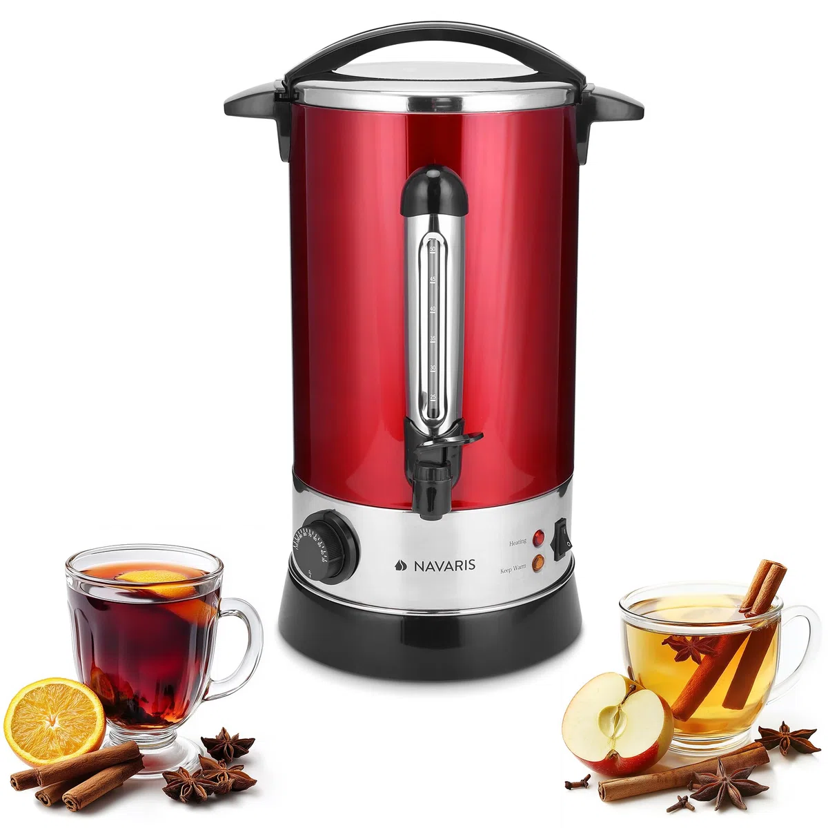 Navaris Pentola Bollitore 10l Vino Acqua - Dispenser Acqua Calda Vin Brulè Caffè - Distributore Elettrico Bevande Calde con Rubinetto - Rosso