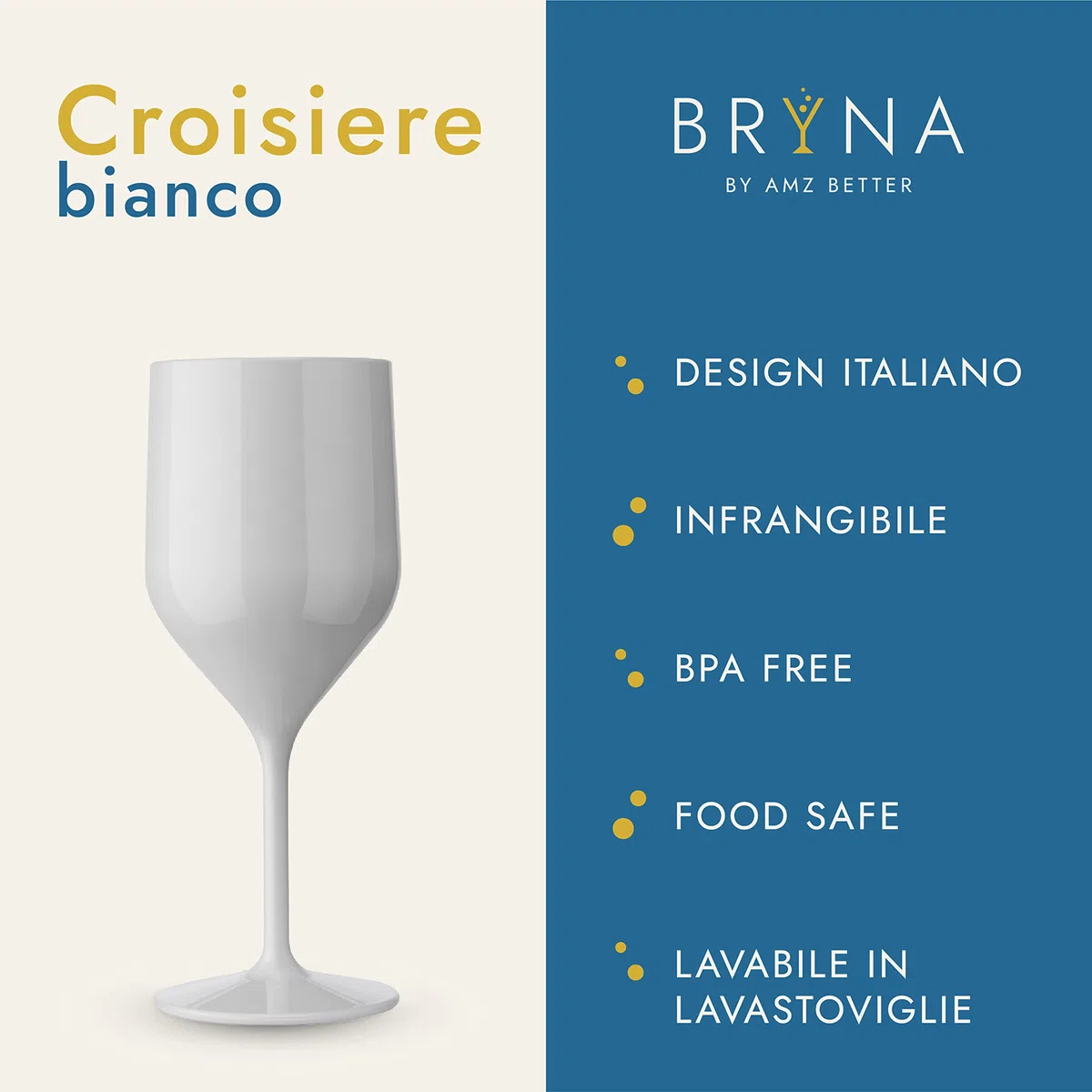 BRYNA - Set 6 Pezzi Bicchieri Croisiere da 25 Cl in Policarbonato (Plastica Rigida), 100% Design Italiano, Bicchieri Infrangibili, Calici Vino Riutilizzabili e Lavabili in Lavastoviglie, Bianco