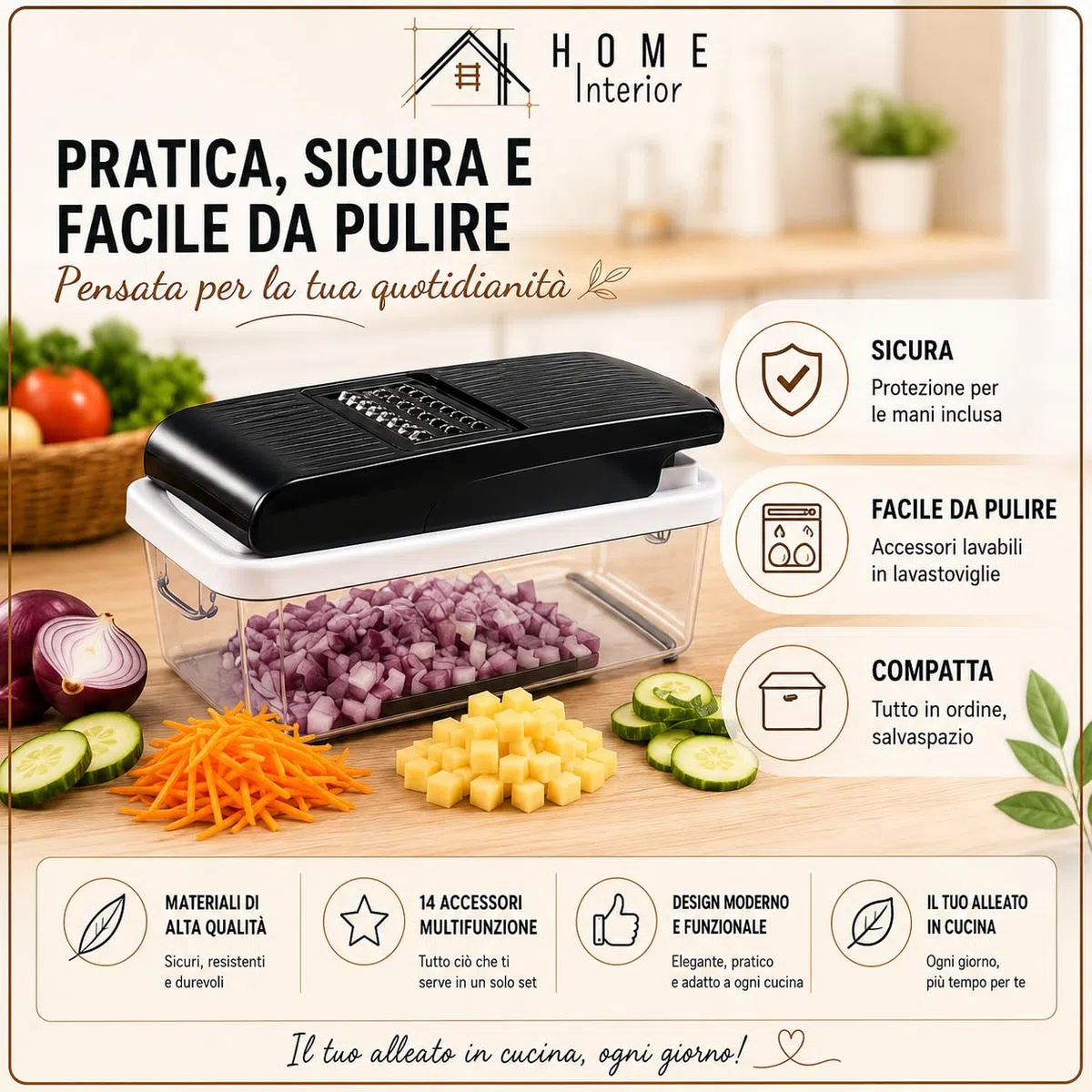 Mandolina per Verdure con 12 Accessori | Lame Intercambiabili in Acciaio Inox | Contenitore Trasparente | Tritatutto Multifunzionale per Verdure