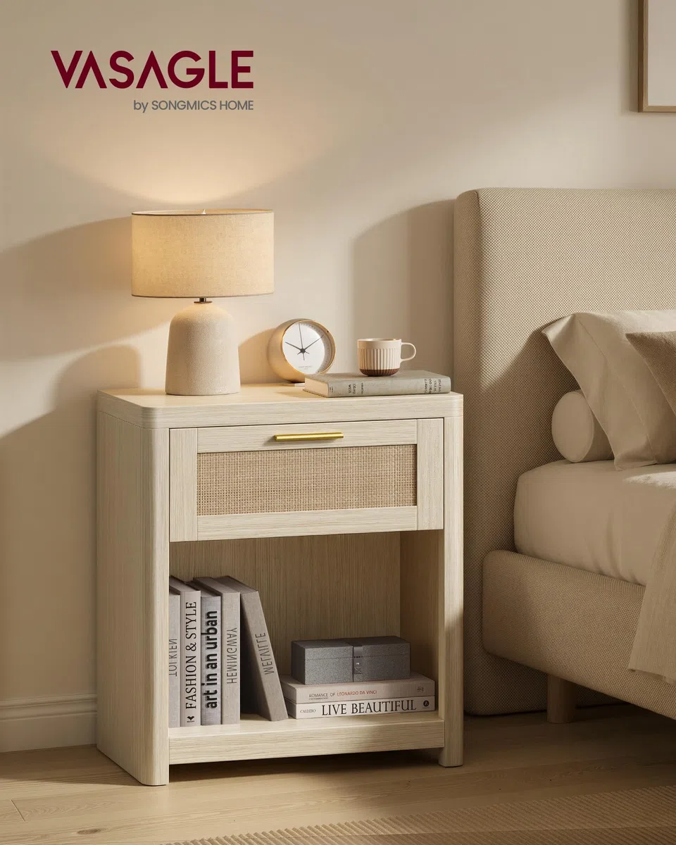 VASAGLE ELLAN Collezione - Comodini Boho con Cassetto Effetto Rattan, Set di 2, Tavolini con Scomparto Aperto, Angoli Arrotondati, Camera da Letto, Beige Naturale LET818LC01