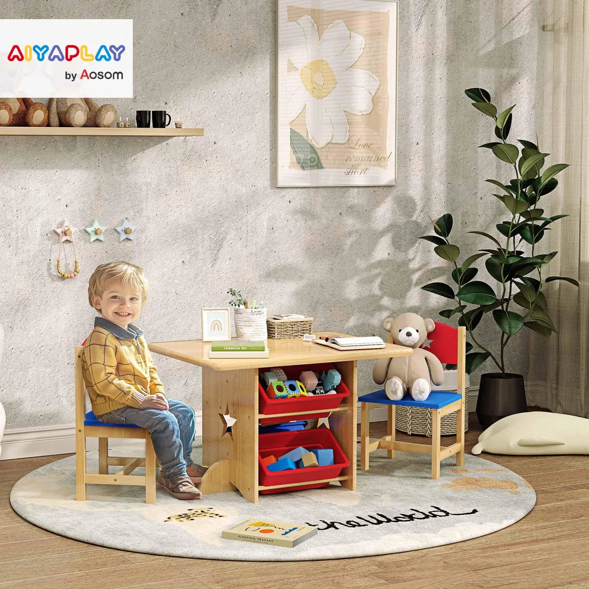 AIYAPLAY Set Tavolino e Sedie per Bambini 3-7 Anni, Tavolo per Bambini con 2 Sedie e 4 Contenitori Portaoggetti per Cameretta, in MDF e Legno di Pino, Color Legno