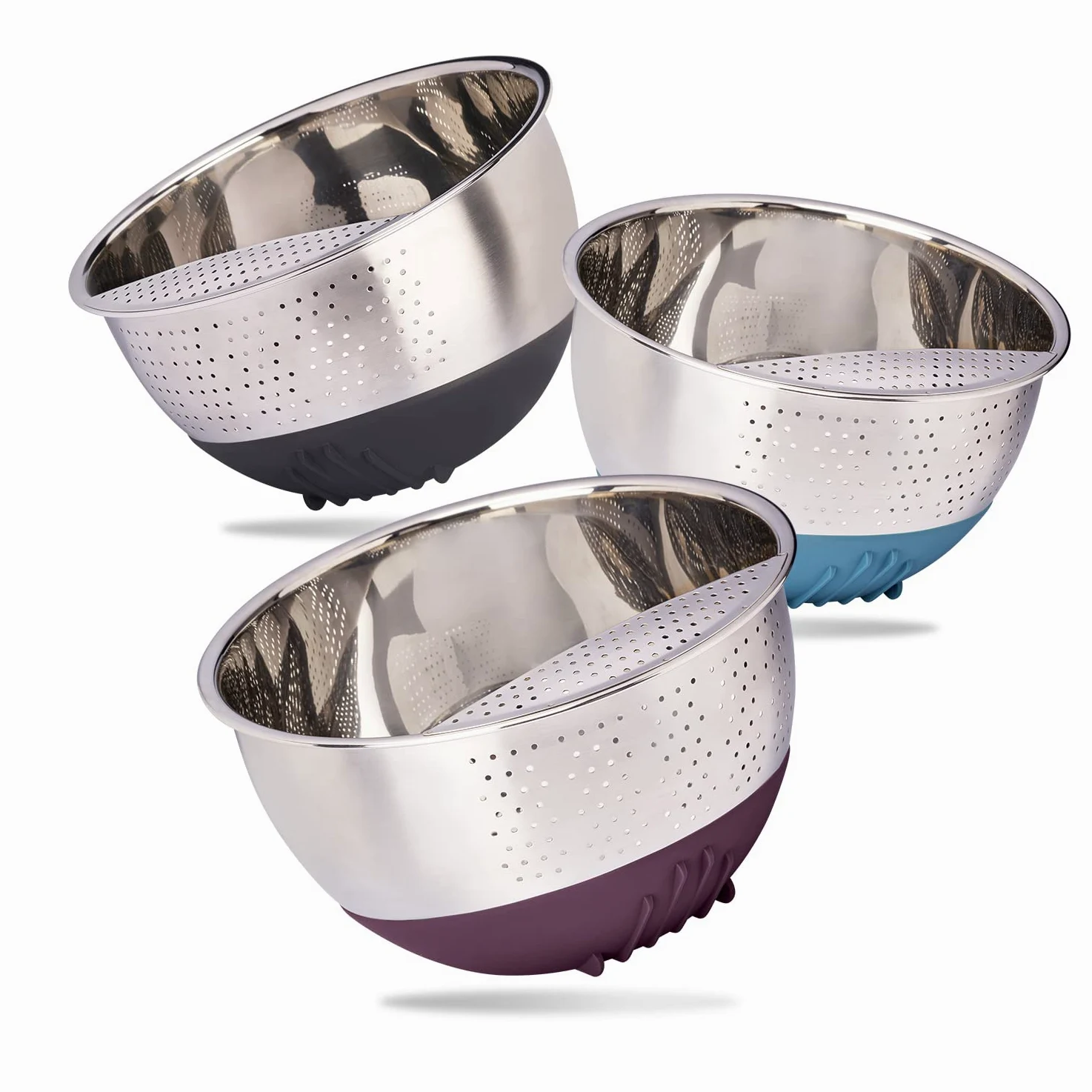 Reishunger Ciotola per bucato in acciaio inox (melanzana) – Colino per lavare riso e verdure – Con base in silicone antiscivolo