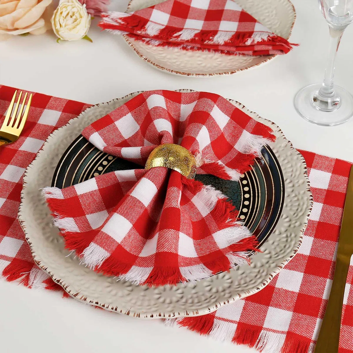 Set di 12 tovaglioli di stoffa fatti a mano in 100% cotone con frange, 43 x 43 cm, tovaglioli a quadri rossi per il Ringraziamento, Natale, pasti quotidiani