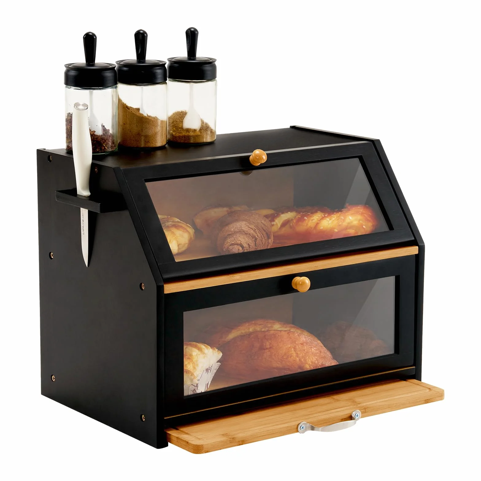 YOUDENOVA Cestino per il pane ecologico in bambù con tagliere, contenitore per pane da cucina, contenitore per pane tostato, nero, 39 x 26 x 32,5 cm (lunghezza x larghezza x altezza)