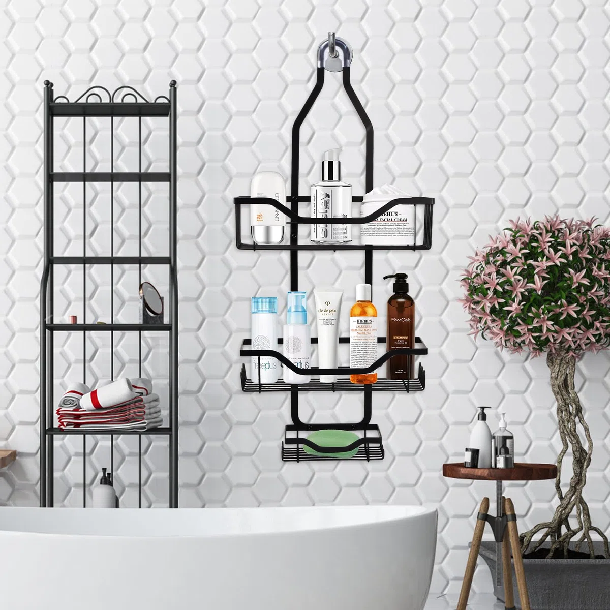 Mensola da doccia sospesa, mensola doccia a 3 ripiani, senza foratura, da appendere con 2 cestelli, 1 vassoio per sapone, mensola doccia, organizer da bagno in acciaio inox, porta shampoo