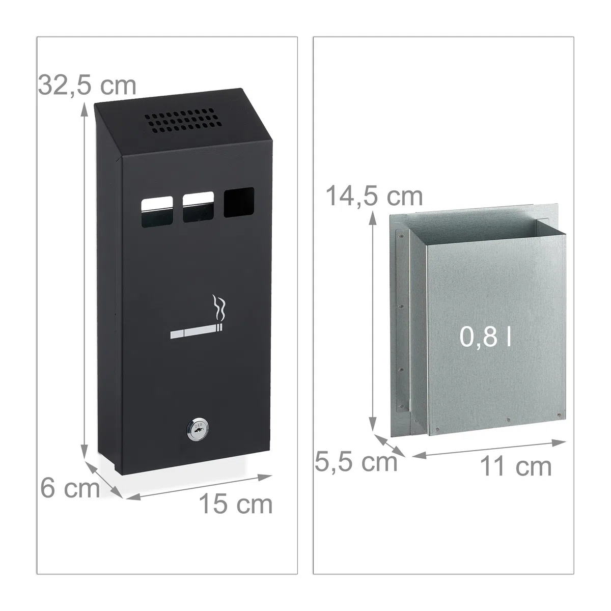 Relaxdays Posacenere da Muro per Esterno, Ceneriera con Chiave, Contenitore Interno Rimovibile, 32,5 x 15 x 6 cm, Nero