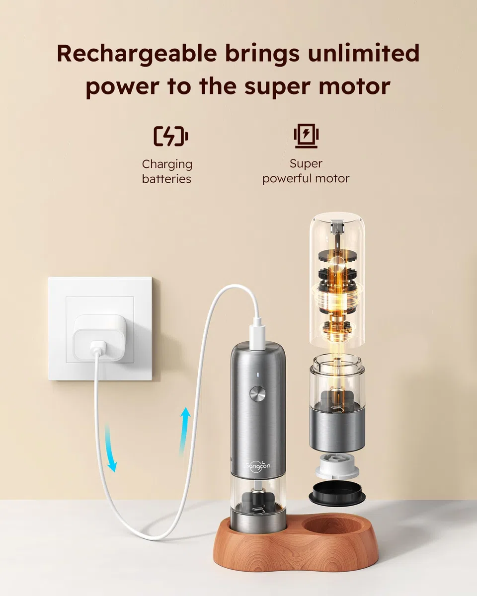 Sangcon Mini Set Macina Sale e Pepe Elettrico con Base in Legno, Ricaricabile USB, Piccolo Macinapepe Automatico, da Viaggio/barbecue/bambini, Controllo con un Pulsante (Acciaio inossidabile)