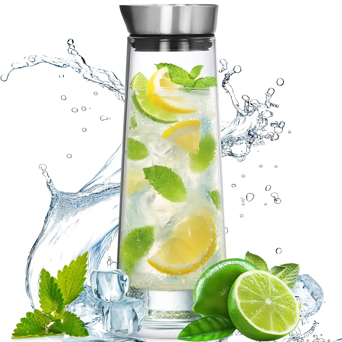 1L Caraffa Vetro con Versatore e Coperchio Acciaio Inox, Bottiglie Borosilicato Resistente, Bottiglia Succo Refrigerante, Brocca Acqua per Latte, Bevande, Ghiacciate, Limonata, Succo Frutta