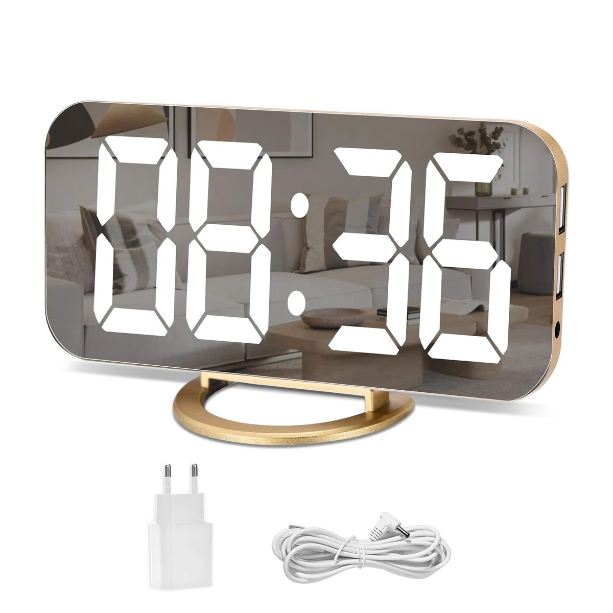 U-picks Sveglia a specchio, Sveglia digitale Ampio display a LED da 6,5 "con modalità di rilevamento della luce, luminosità regolabile, 2 porte di ricarica USB Grande pulsante SNOOZE (oro)