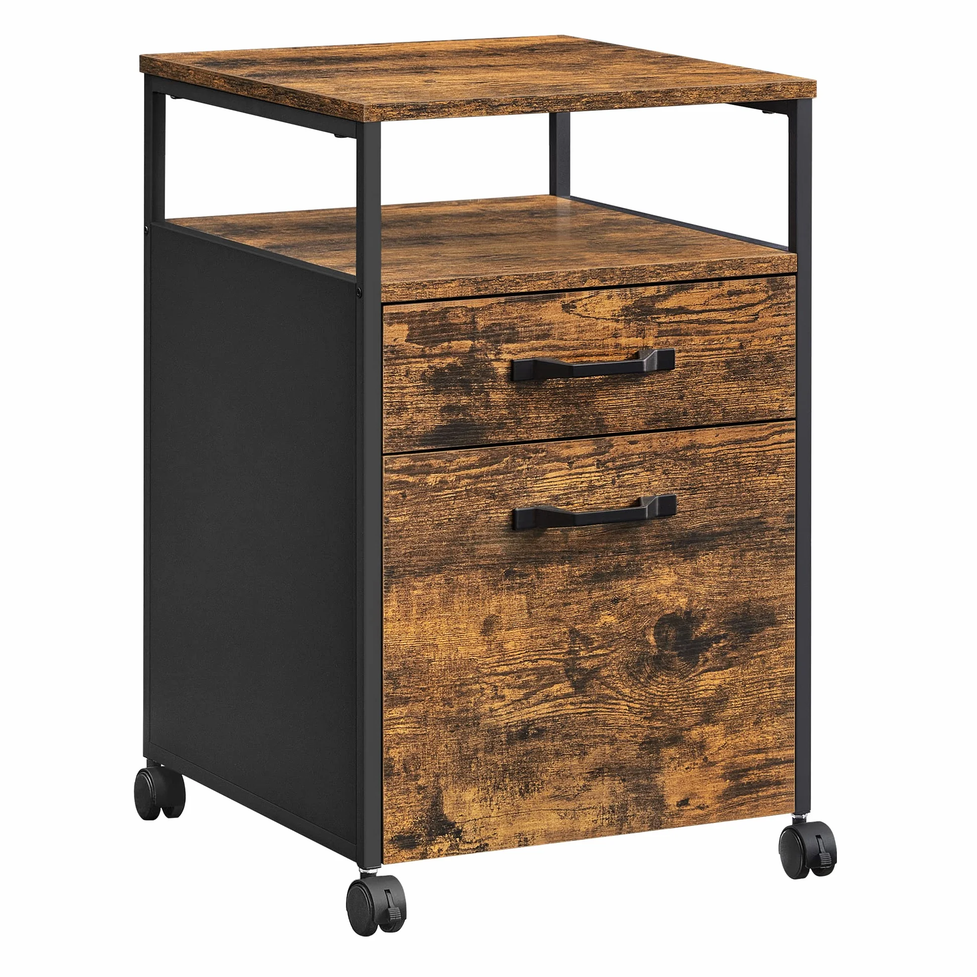 VASAGLE Schedario con 2 Cassetti, Mobile per Ufficio con Ruote, Ripiano Aperto, Struttura in Acciaio, Stile Industriale, Marrone Vintage e Nero Inchiostro OFC71X
