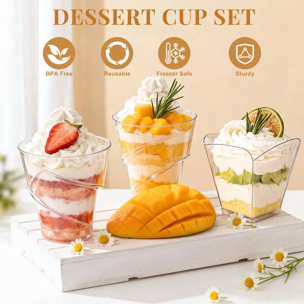 100 bicchieri da dessert in plastica, 160 ml, con cucchiaio, 2 diversi disegni, riutilizzabili, per gelati, mousse, budini, feste, compleanni, matrimoni