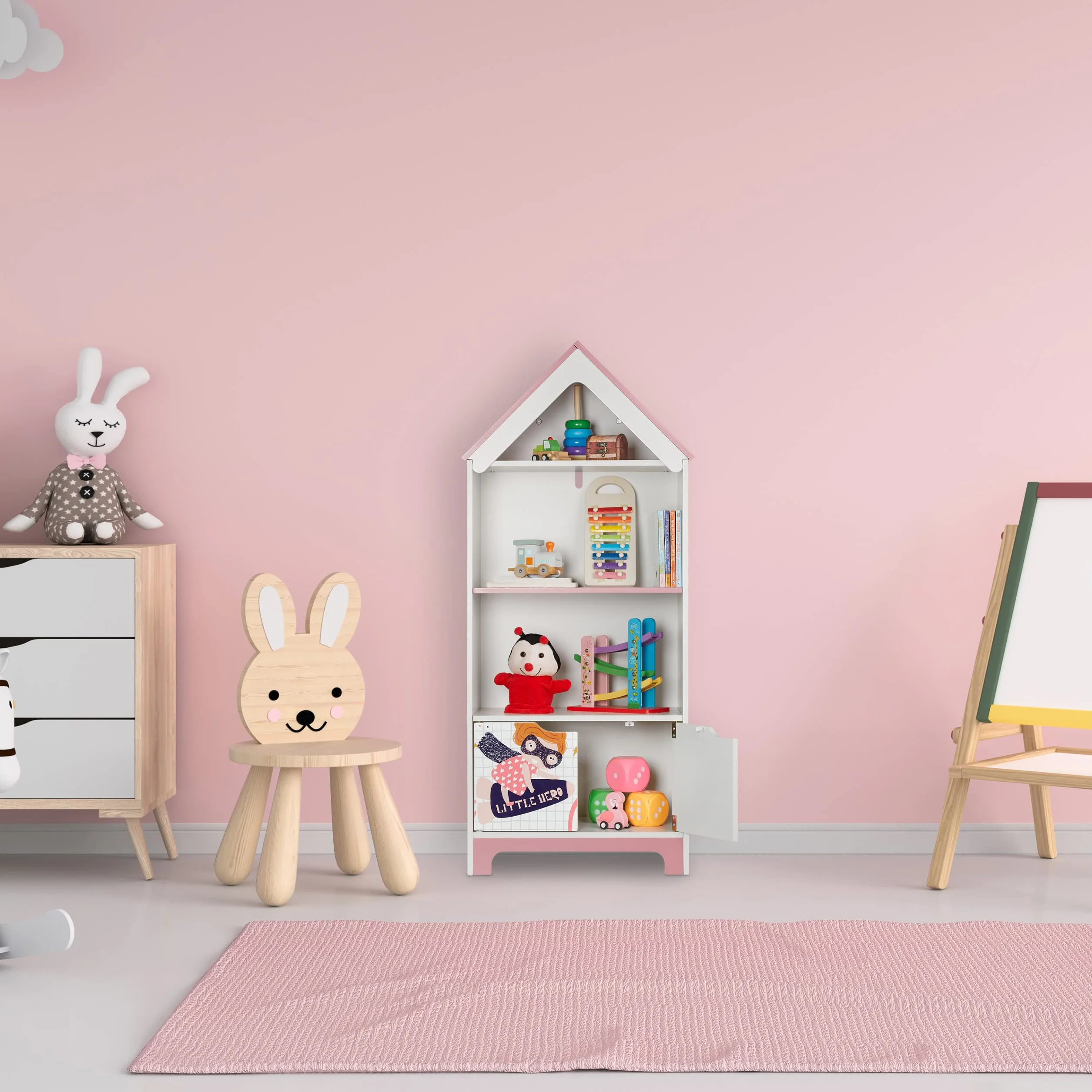 Relaxdays Scaffale Portagiochi, Motivo Super Woman, Cameretta Bambini, con 4 Scomparti e Ante, 93x63x28 cm, Bianco Rosa