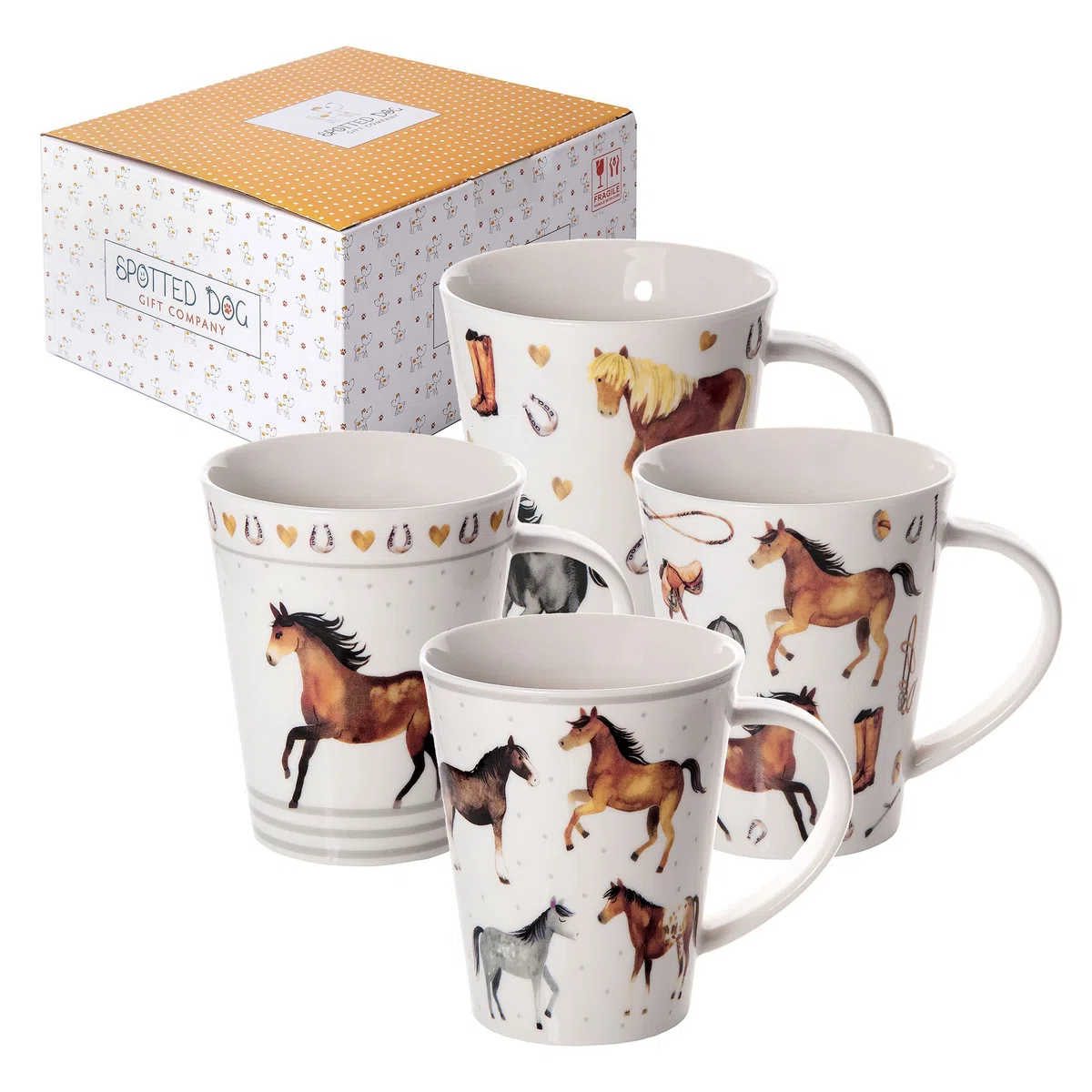 SPOTTED DOG GIFT COMPANY Set di 4 Tazze da Caffè in Ceramica 360 ml per Caffè e Tè, Tazze a Tema Cavallo, Idee Regalo Cavalli per Donne Uomini e Ragazze