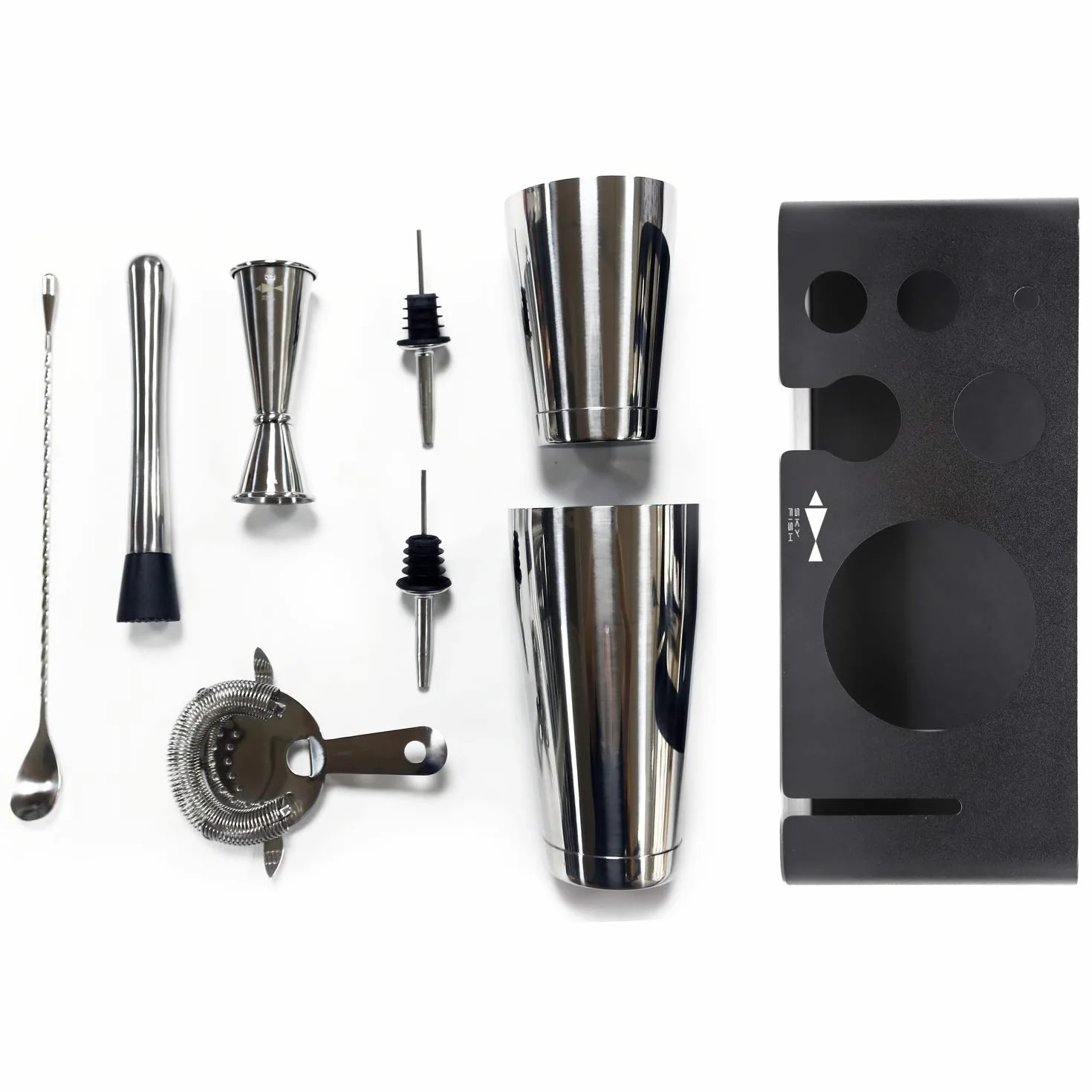 SKY FISH Shaker per Cocktail, Set di Boston Shaker da 8 Pezzi, Kit da Barman Premium con Supporto in Acciaio Inossidabile, Set Completo da Bartending per la Casa