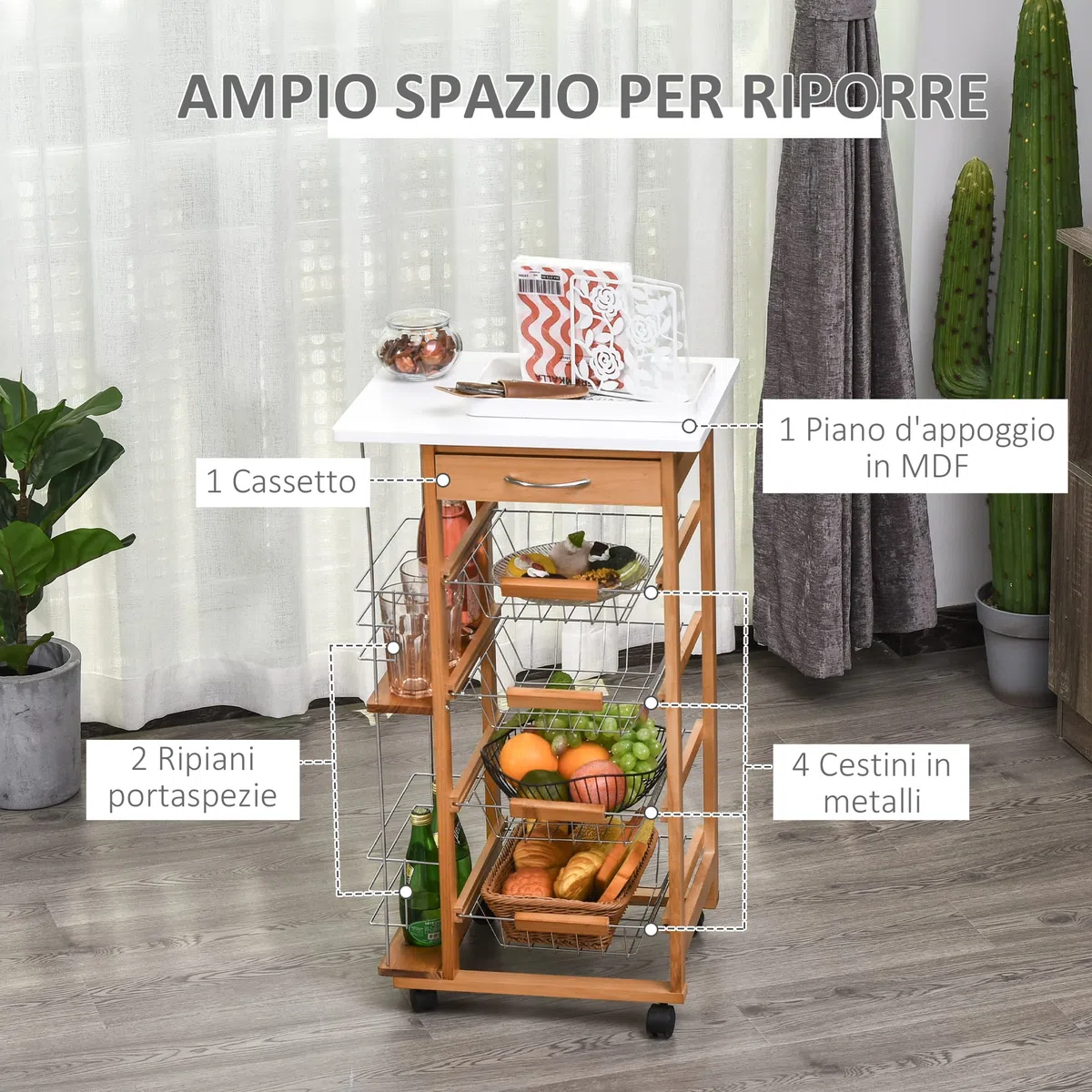 HOMCOM Carrello da Cucina Salvaspazio in Legno Marrone, Portavivande con 1 Piano di Lavoro 1 Cassetto e 4 Cestelli Metallici, 47x37x83cm