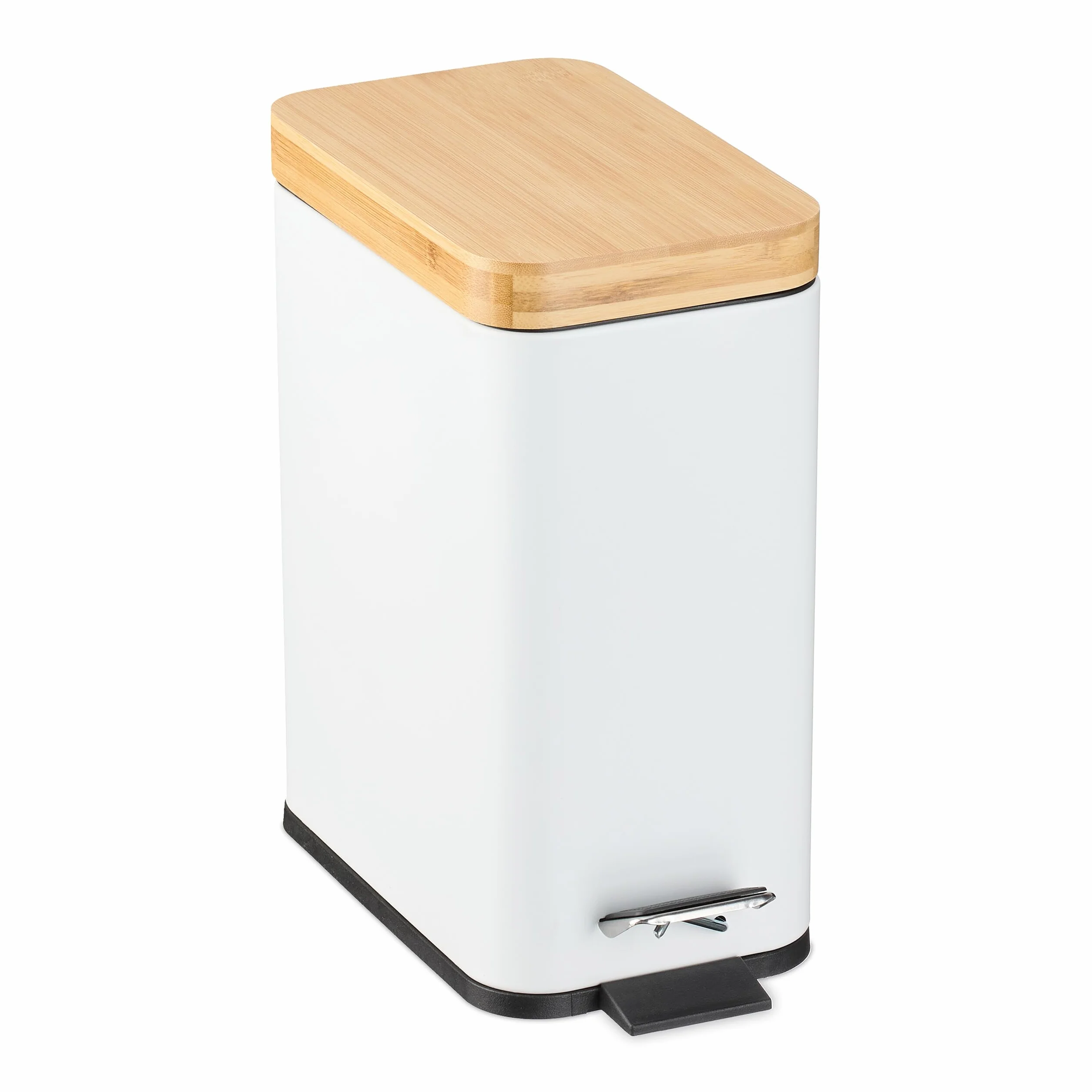 Relaxdays Pattumiera Bagno a Pedale da 5 L, Cestino Cosmetici, Cesto Interno Rimovibile, Bidone in Ferro e bambù, Bianco