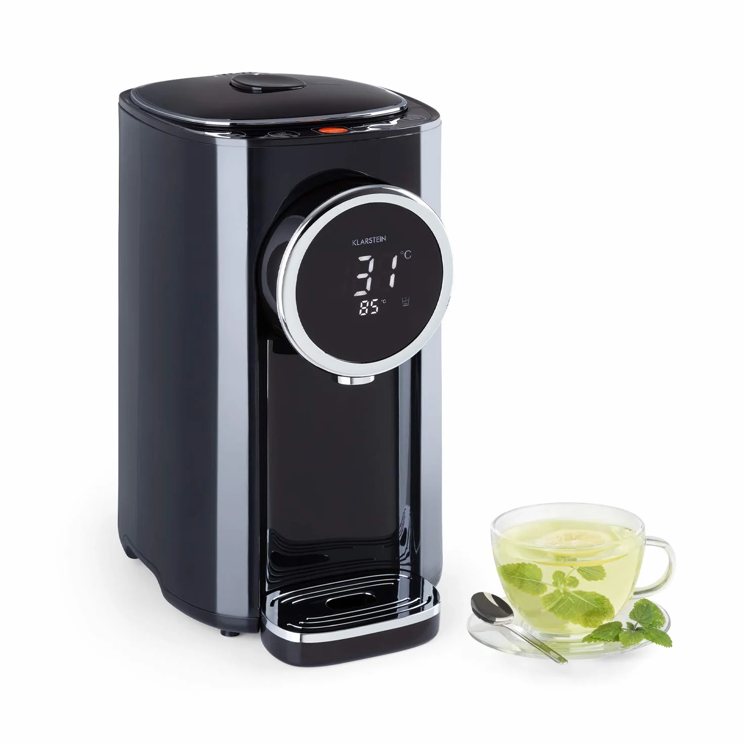 KLARSTEIN Hot Spring Plus - Dispenser Acqua Calda, Serbatoio: 5 Litri, Grande Display LCD, Temperatura: 45-95 °C, Serbatoio Acciaio Inox, Protezione Contro Surriscaldamento, Sicura per Bambini, Nero
