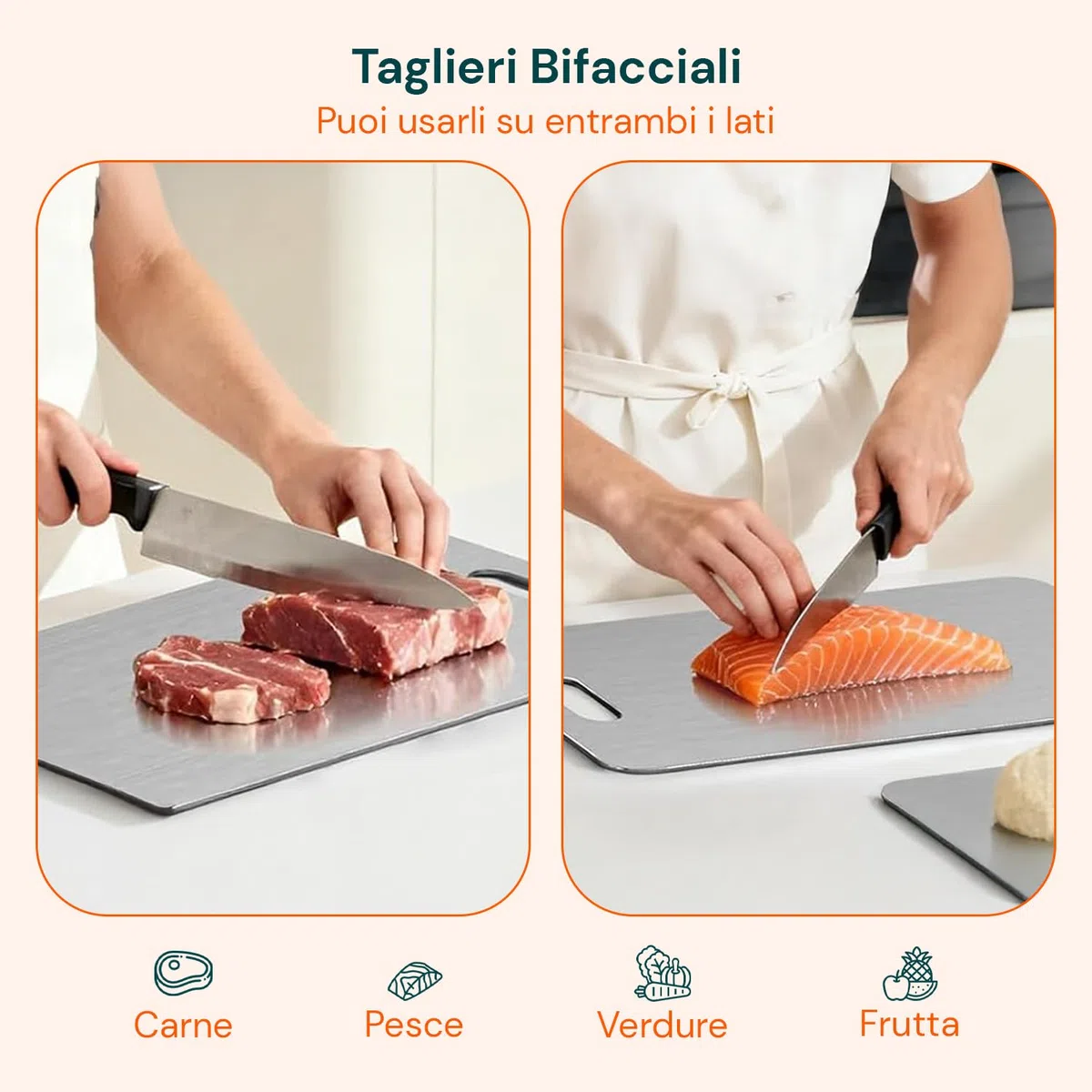 Avilia - Tagliere Acciaio Inox Bifacciale con Manico Forato Set 3 Diverse Dimensioni per Carne Pesce Verdure e Pane Uso Quotidiano Superficie Igienica Antiruggine Salvaspazio