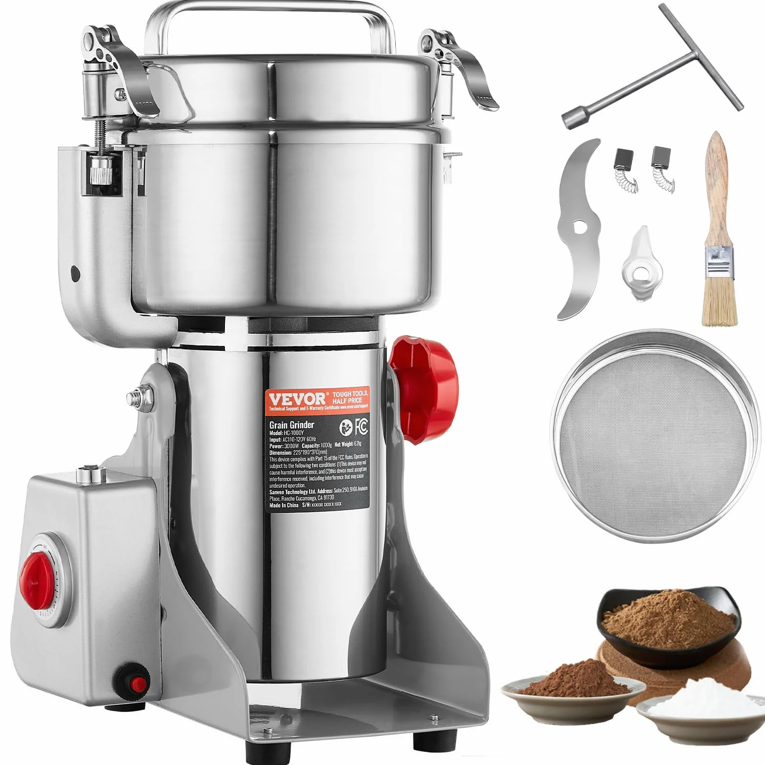 VEVOR 1000g Mulino Elettrico per Cereali, Macina Spezie Commerciale Alta Velocità 3000 W, Macchina Polverizzazione in Acciaio Inox, per Cereali Secchi, Spezie, Caffè, Mais, Pepe, Tipo Oscillante