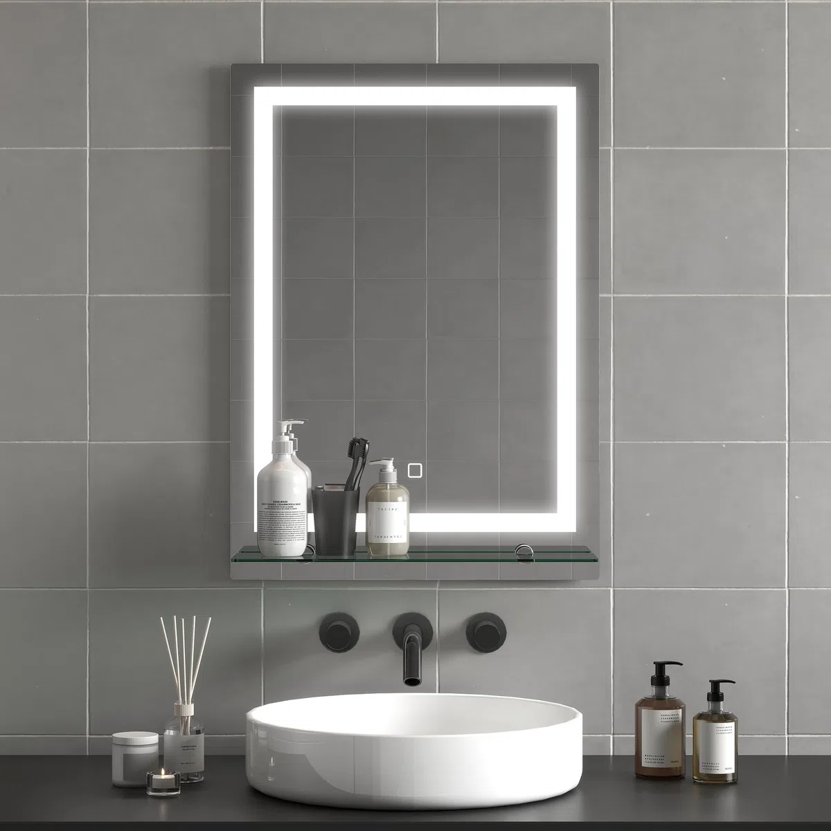 kleankin Specchio per Bagno a Luci LED a 3 Colori Regolabili con Mensola in Vetro, Specchio Illuminato con Funzione a Memoria in Alluminio e Vetro Temperato, 50x12x70 cm, IP44, Argento