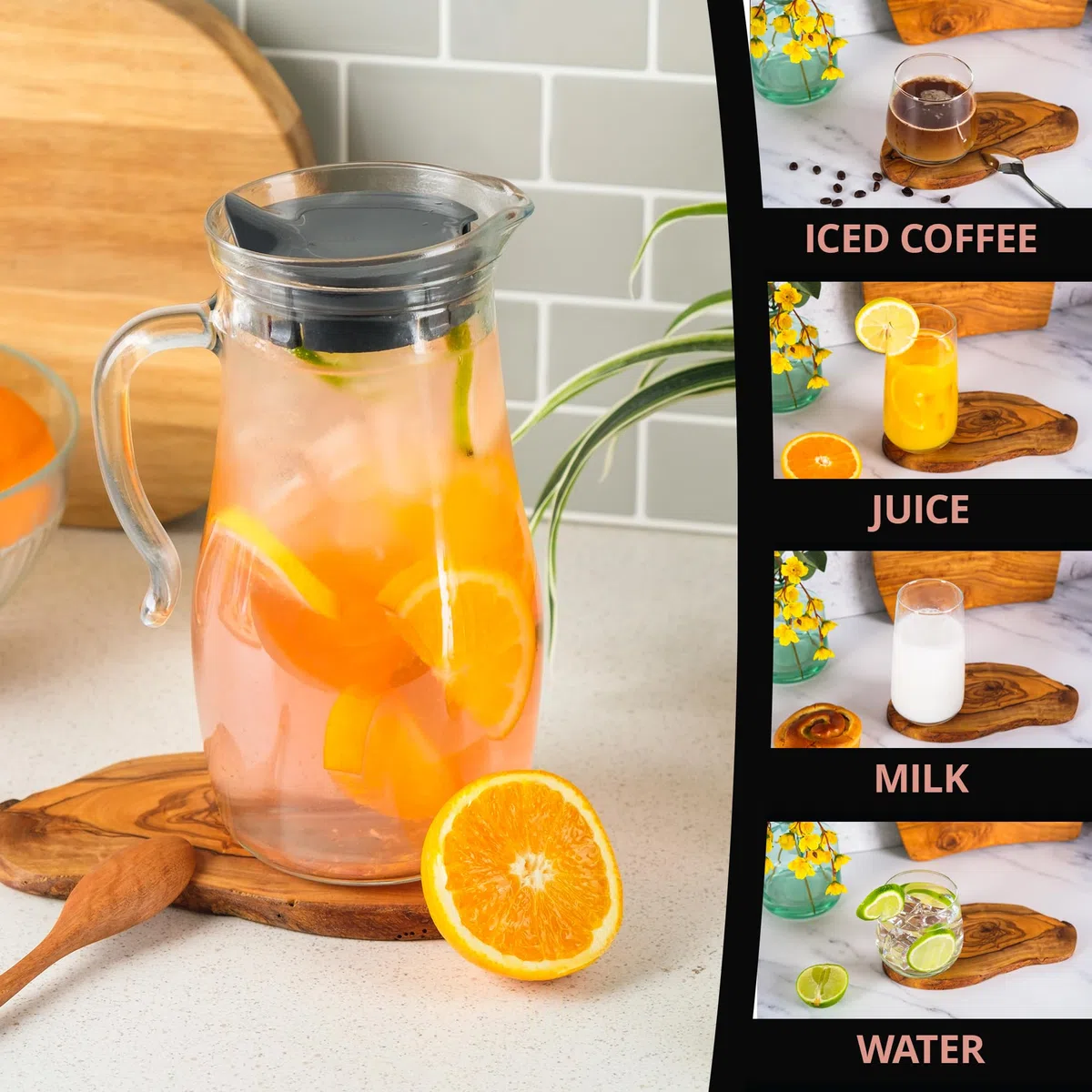 Homiu Brocca per acqua in vetro da 1,8 l, brocca in vetro con coperchio, caraffa in vetro con coperchio, caraffa per tè freddo, acqua calda, fredda, vino, caffè, latte e succhi di frutta, caraffa per