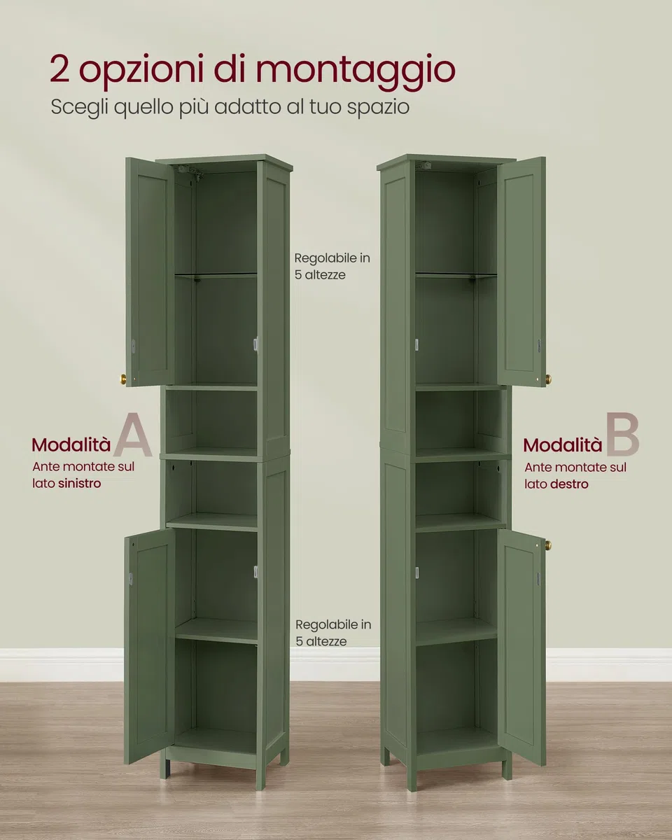 VASAGLE Mobile da Bagno con Luce, Mobiletto da Bagno Salvaspazio, Armadietto da Bagno a Colonna con Ripiani Regolabili, Largo 40 cm, per Piccoli Spazi, Moderno, Verde Foresta BBC766CH03