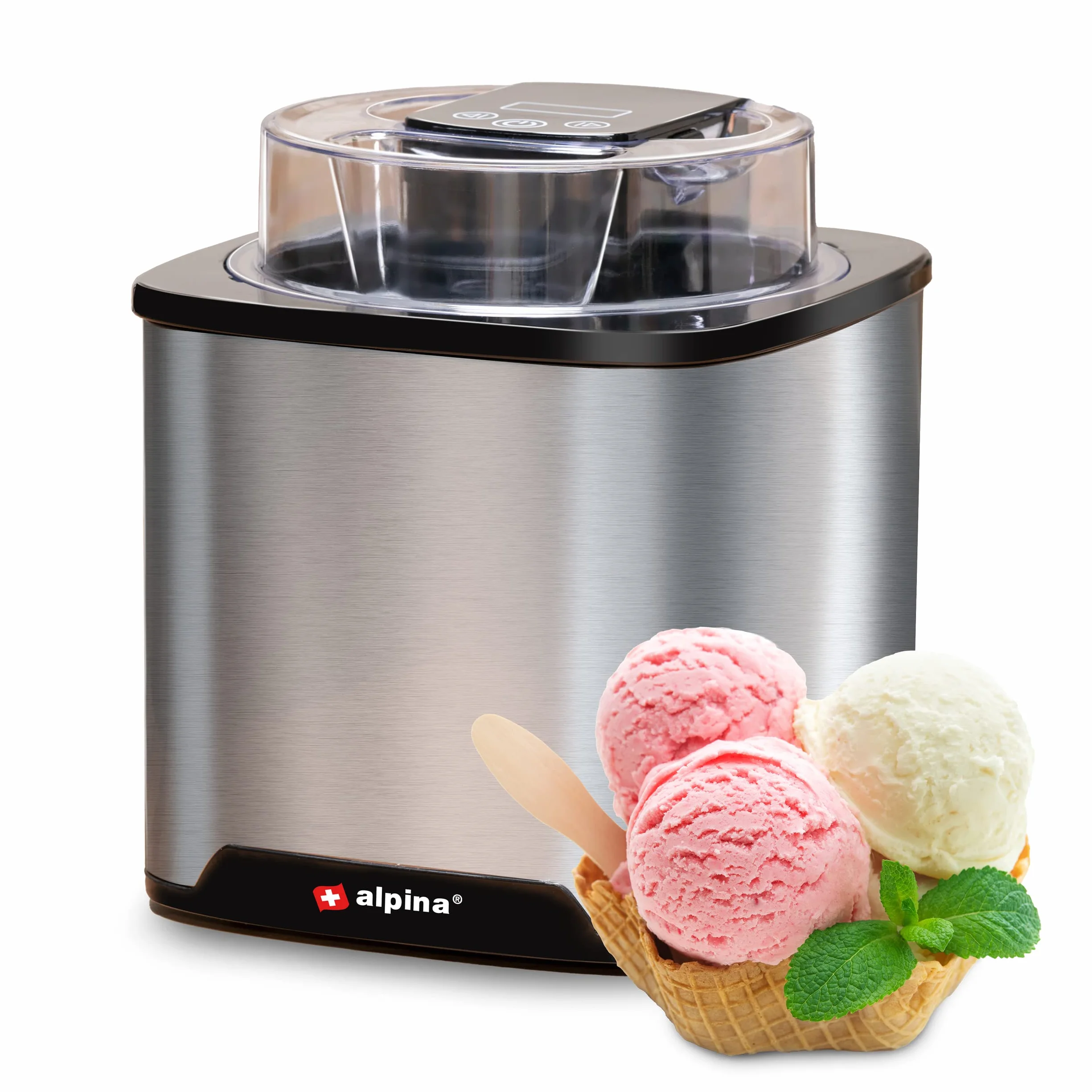 alpina Gelatiera Refrigerante 2L, Macchina Gelato, Yogurt Gelato, Sorbetto, Doppio Isolamento, Ice Cream Maker Autoattivante, Acciaio Inossidabile, Colore Argentoe Argento