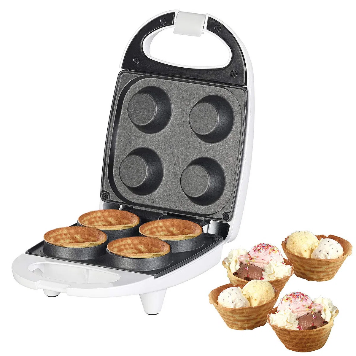 Rosenstein & Söhne Macchine per Waffle - waffle cup maker: Piastra per waffle, per 4 mini coppette di cialde gelato, antiaderente, 520 Watt (waffel maker coni di, coppette cialda in ferro, sciarpa)