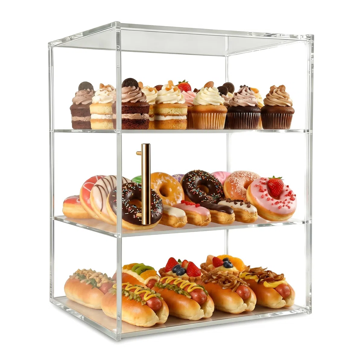 Teatro per Dolci in Acrilico, Portapane & Vetrina per Pasticceria da Bancone, 3 Ripiani per Ciambelle, Muffin, Croissant, Contenitore per Condimenti e Articoli da Toeletta, 30 x 24,5 x 40cm